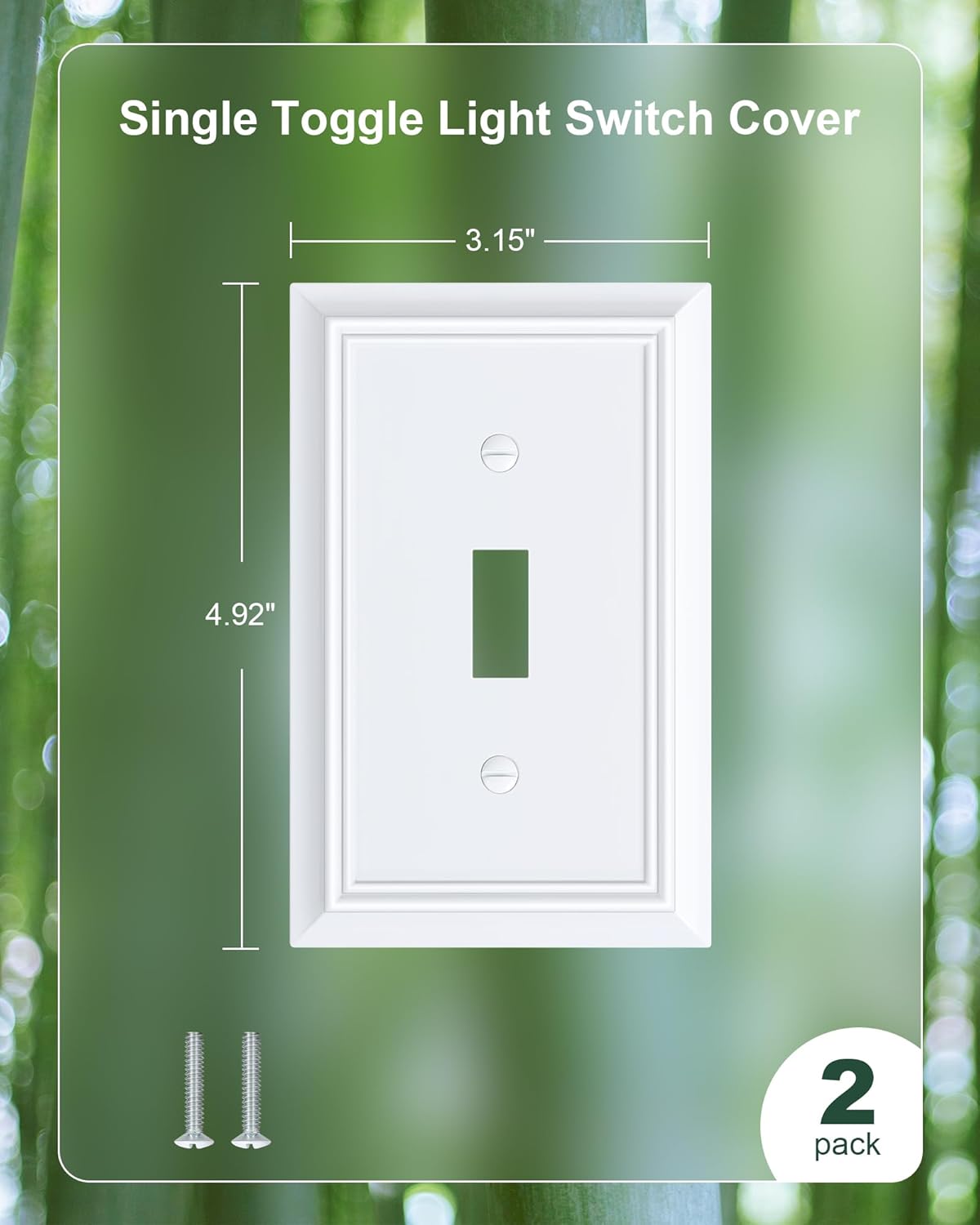 2-pack single toggle light switch cover plate, durable natural bamboo fiber decorative switch plate covers, pure white 1 gang wall plate, corrosion resistant 1 toggle 2pk pure white