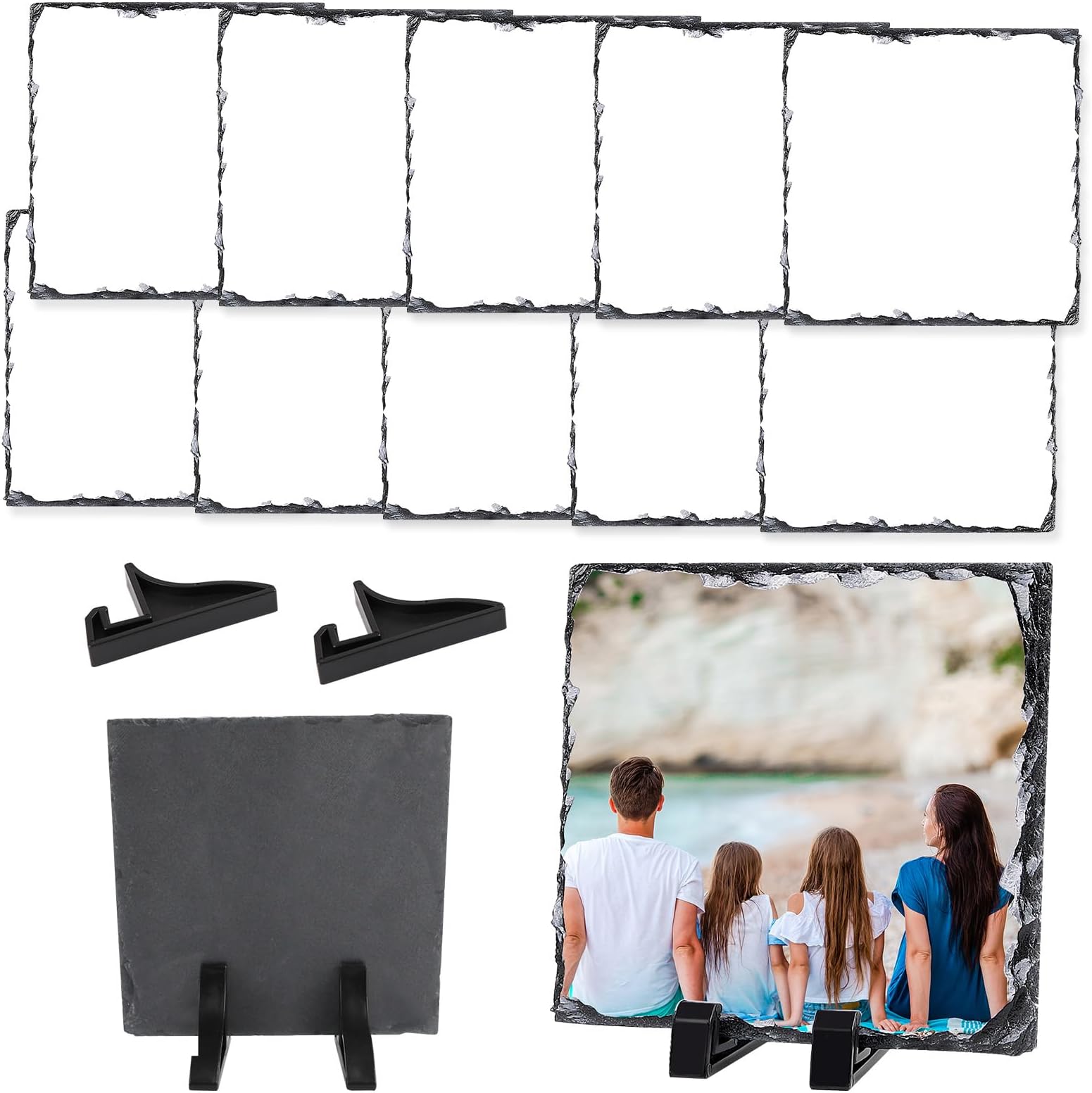 ORJ 10 Pack Sublimation Slate Blanks Custom Stone Slate Picture Frame square Transfer Rock Photo Plaque 6x6 Inch with Display Stand Decoration for Desktop Souvenir DIY Personalized Gift