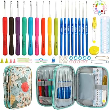 Looen Crochet Hooks Set-Yarn Needles Coloured Aluminum with Storage Case Rubbery Handle Ergonomic Comfort Grip DIY Craft Handmake Kit 47pcs