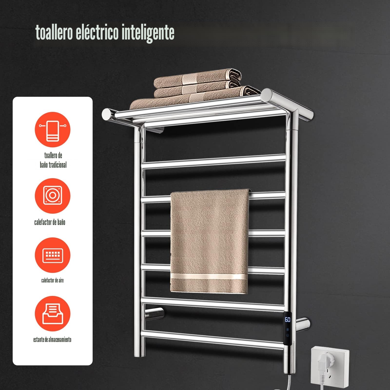 QL Toallero Eléctrico con Temporizador,Toallero Eléctrico de Pared Inteligente a Temperatura Ajustable,145W,Acero Inoxidable,680 x 500 mm,Plata