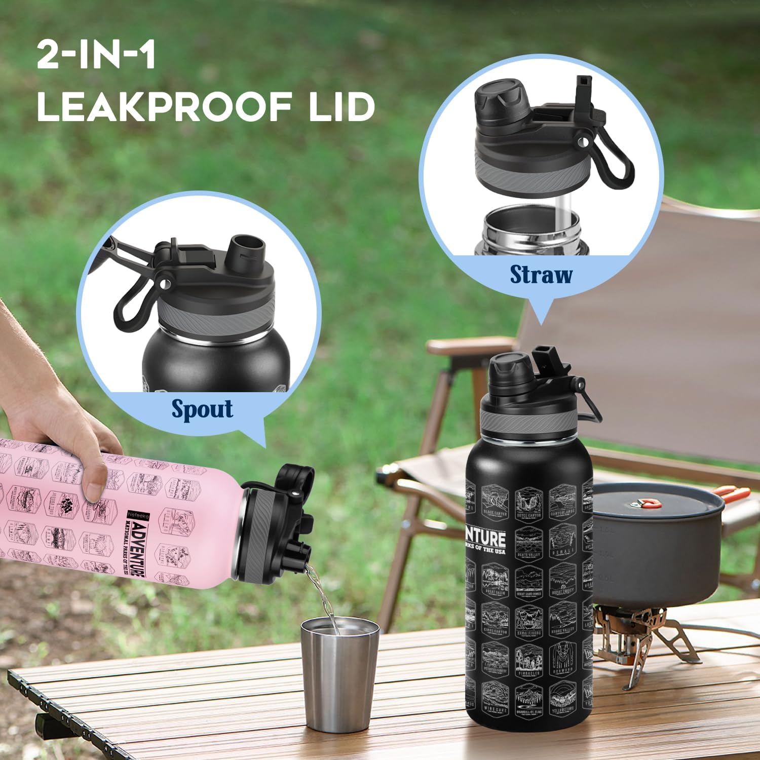 Nefeeko 32oz National Parks Water Bottle - Insulated Adventure Bottle with Waterproof Stickers | Leakproof Lid & Dual Straw/Spout | USA Bucket List Gift for Hikers, Camping & Outdoor Enthusiasts - Image 4