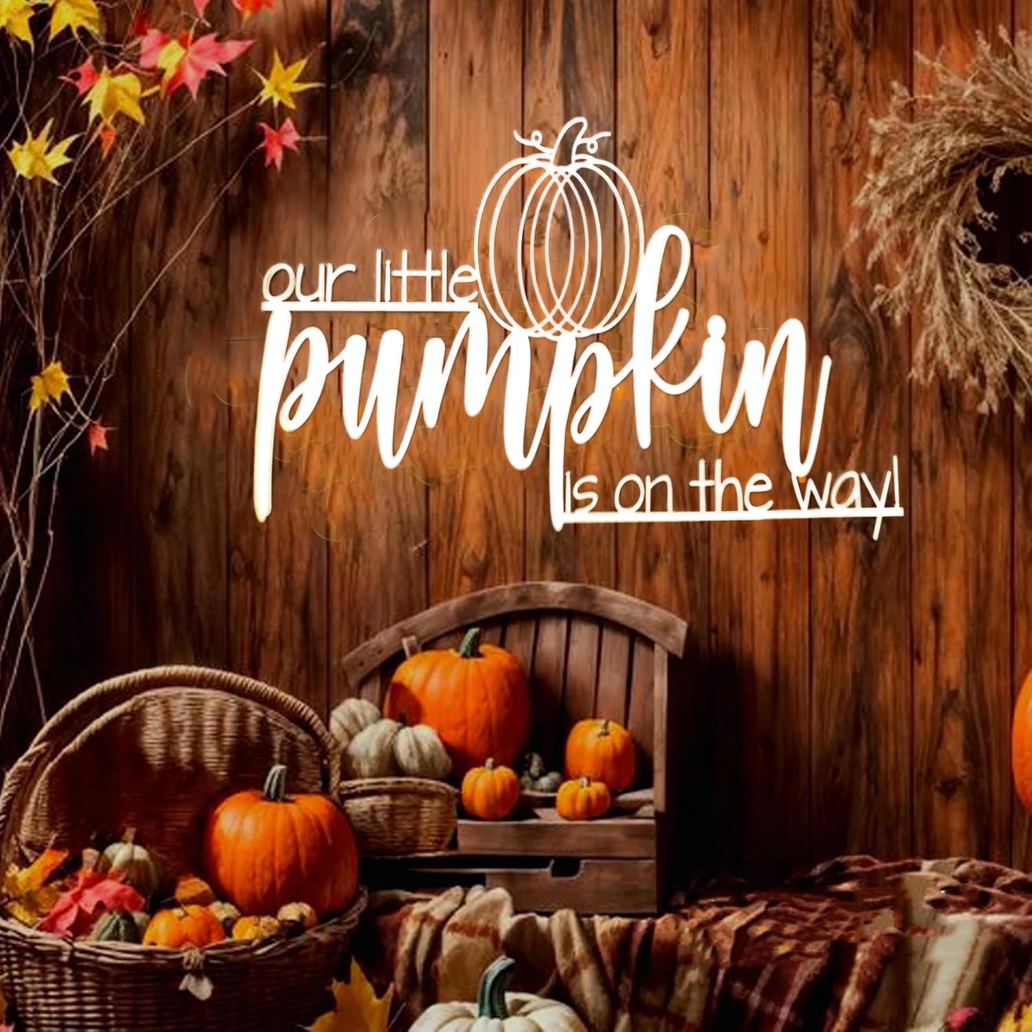 Wooden Fall Pregnancy Announcement Sign,Our Little Pumpkin is on the Way Wall Decor,Autumn Fall Pumpkin Backdrop Decals Gender Reveal Party Decoration,Thanksgiving Theme Rustic Farmhouse Style