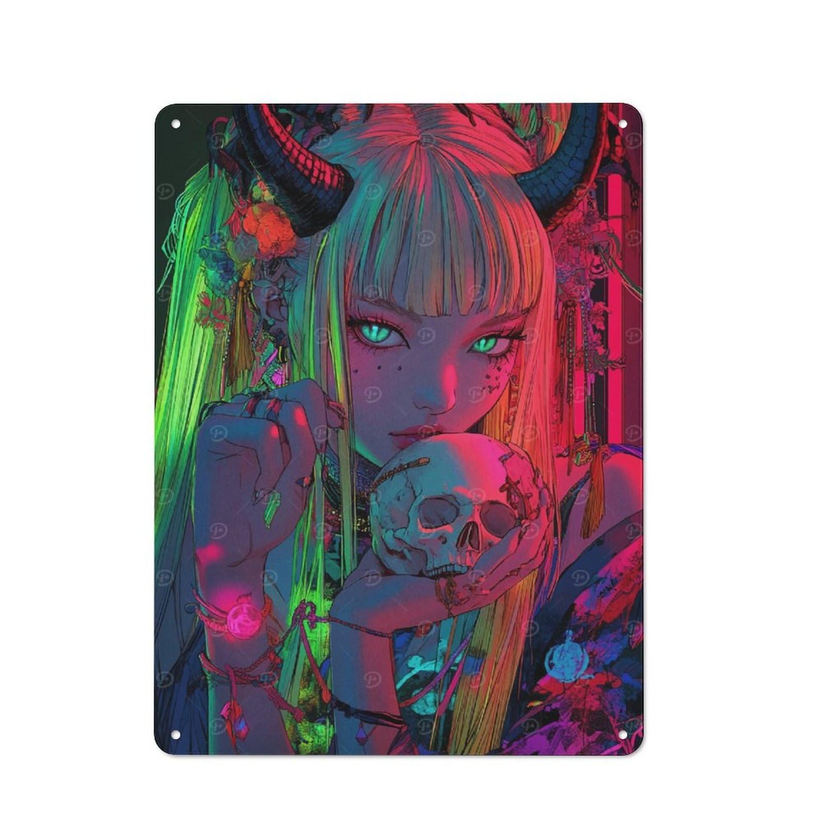 Decorative Metal Plaque with Demon Girl with Skull Design 40x30cm, Casual Utility Space Decor for Patio Bar, Workshop, Shed Or Kitchen