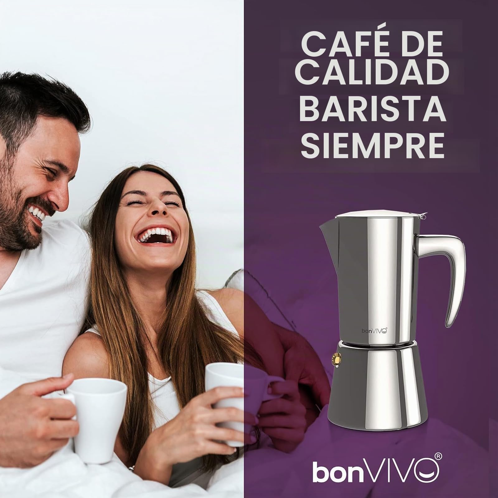 bonVIVO Cafetera Italiana – Cafetera Moka de Acero Inoxidable para Café Espresso – 6 Tazas – Compatible con Inducción, Vitrocerámica, Gas y Eléctrica – Color Cobre Elegante