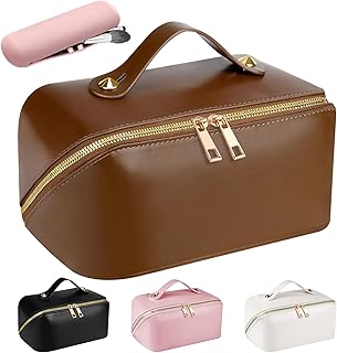 Neceser Maquillaje Grande de PU Cuero - Bolsa de Viaje XXL para Mujer - Organizador de Aseo y Makeup Bag - Accesorios de Viaje (Liso-Marrón)