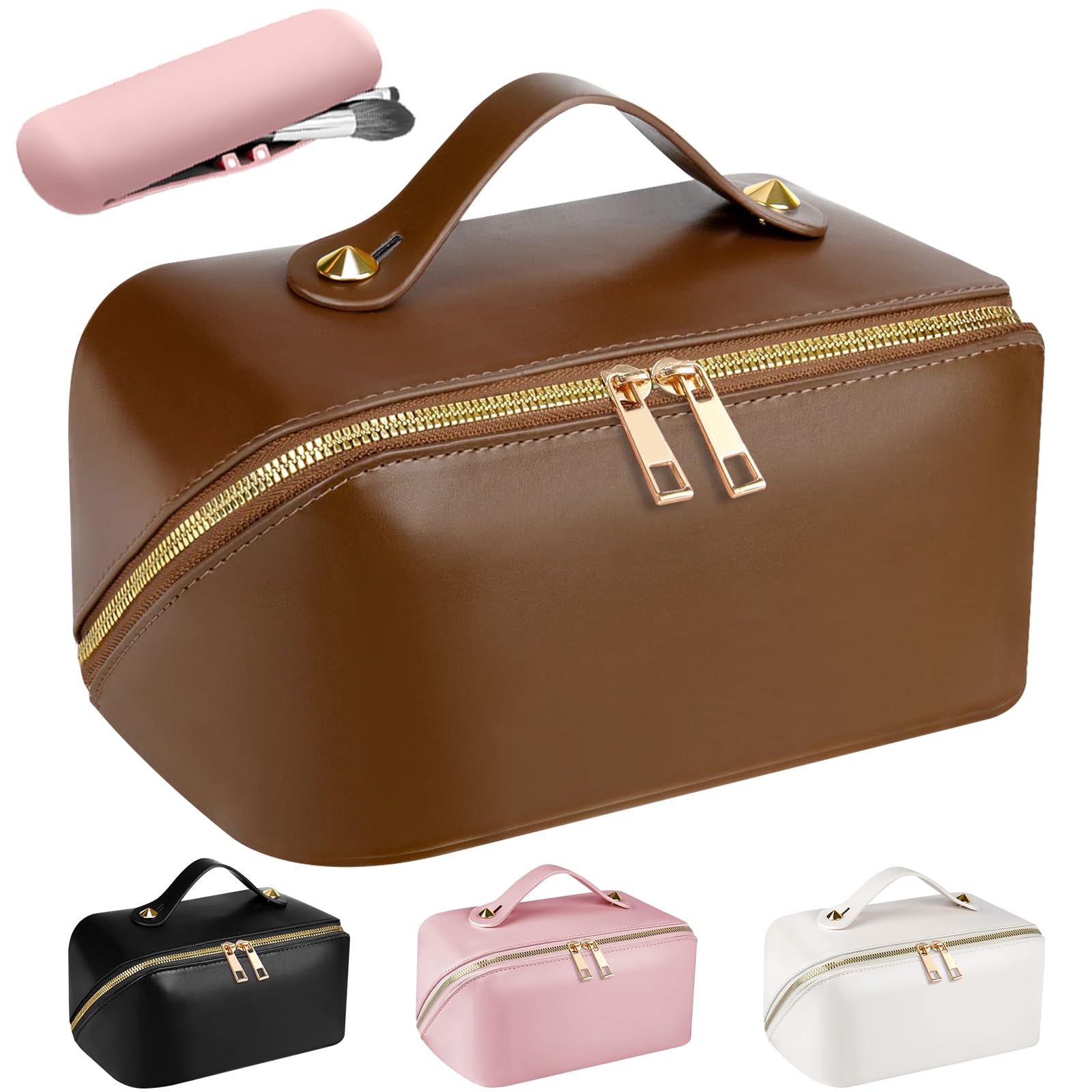 Neceser Maquillaje Grande de PU Cuero - Bolsa de Viaje XXL para Mujer - Organizador de Aseo y Makeup Bag - Accesorios de Viaje (Liso-Marrón)