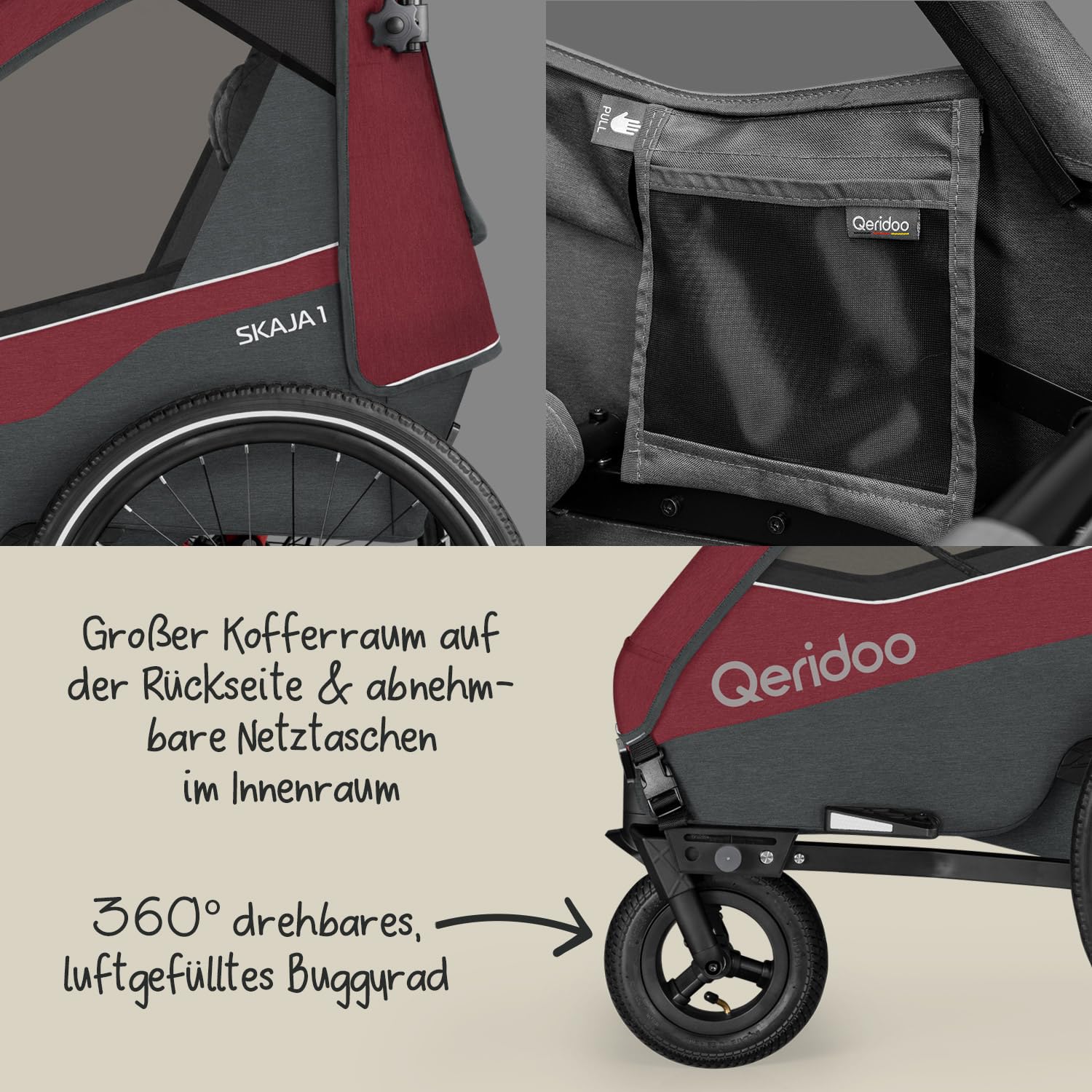 Qeridoo Skaja 1 Cayenne Red Fahrradanhänger 1 Kind Premium-Federung 3-in-1-Funktion Kinderfahrradanhänger Jogger Kinderwagen Leicht Sicher Kompakt
