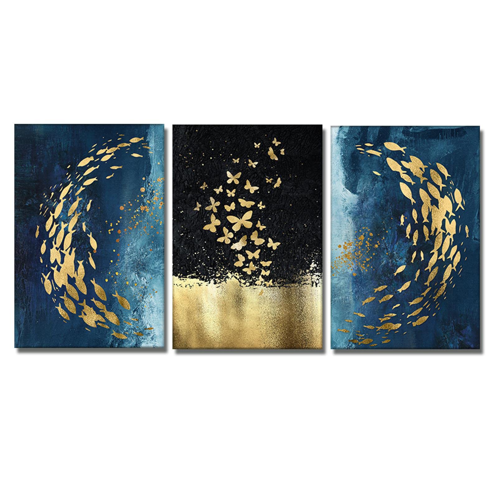 Art mural moderne nordique de prestige triptyque abstrait papillon et poisson - 8