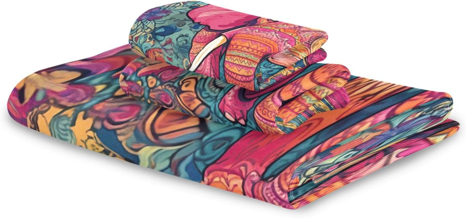xigua Ethnic Elephant Bathroom Towel Set Absorbent Soft 3-Piece Bath Towel Hand Towel Washcloth Decorative Towels for Bathroom Gym Hotel Beach Swimming Pool