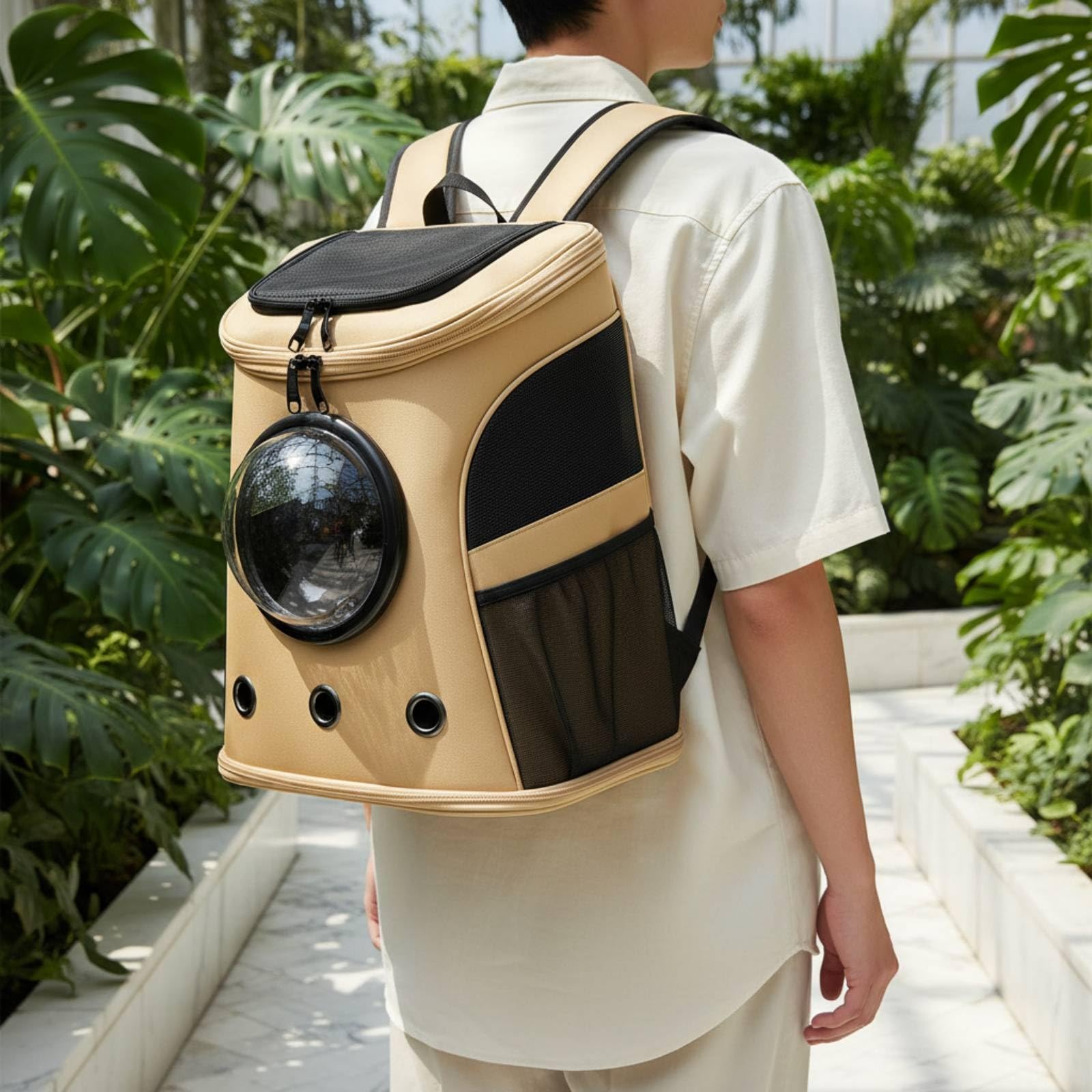 Zaino Trasportino Gatto Cane Piccolo Borsa Trasporto Animali Cupola Trasparente Ventilata Pannelli a Rete Fondo Stabile Oxford Nylon Struttura, Cachi