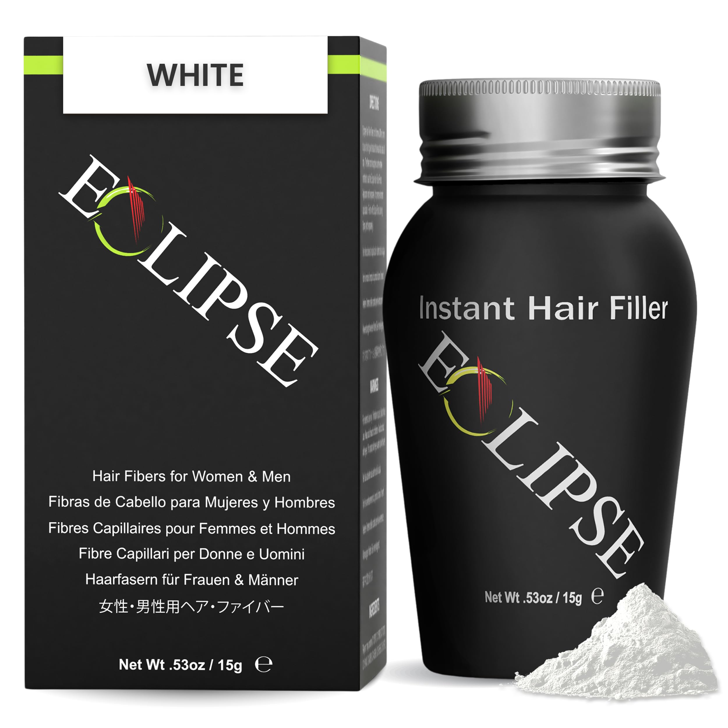 Eclipse Hair Fibers for Thinning Hair (WHITE) For Women & Men - 100% Undetectable Fibers - 15g Bottle - Completely Conceals Hair Loss in 15 Seconds