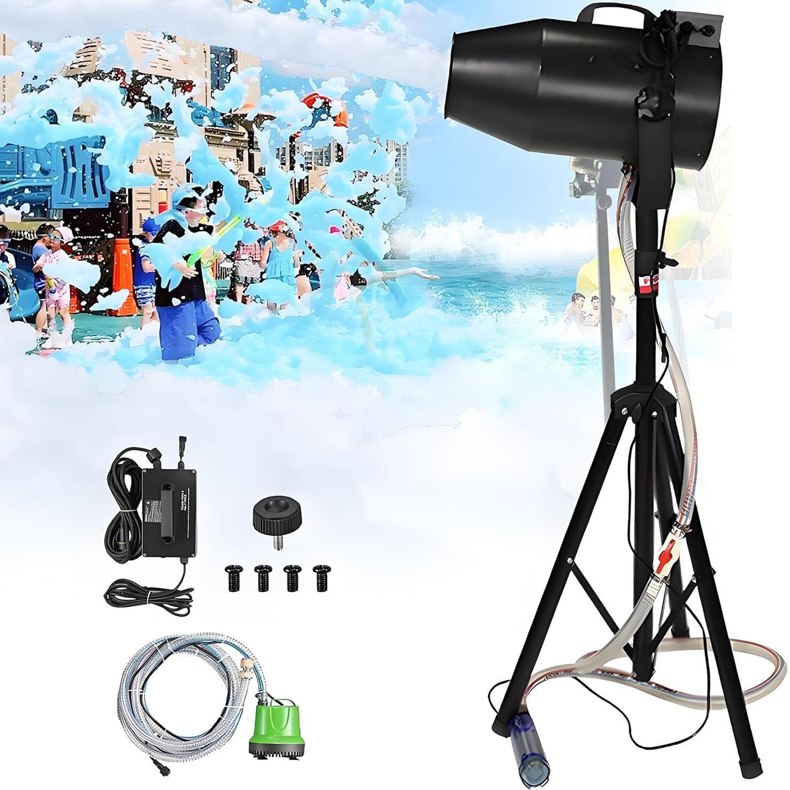 Macchina della Schiuma 1000W Ad Alta Potenza Grande Macchina della Schiuma,Angolo Regolabile,Distanza 6-10m/Area 80㎡ per Effetto di Fase Jet Foam Party All'aperto,Feste,Bambini,Estate,Nuoto