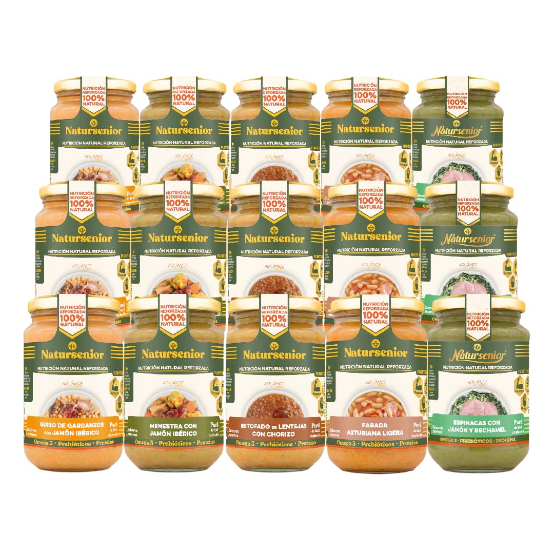 Natursenior - Comida Triturada para Personas Mayores - Pack Purés Variados Legumbres y Verduras - 100% Natural, Omega 3, Fibra, Proteína - 15 uds x 340g