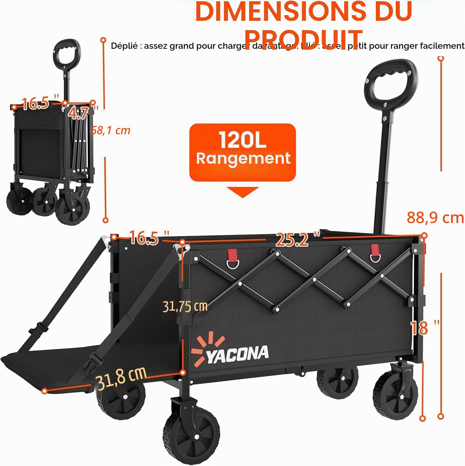 Chariot Pliable 360 LB pour Charges Lourdes, Chariot à roulettes avec hayon, Pliable pour Les Courses, Le Camping, la Plage, Le Jardin