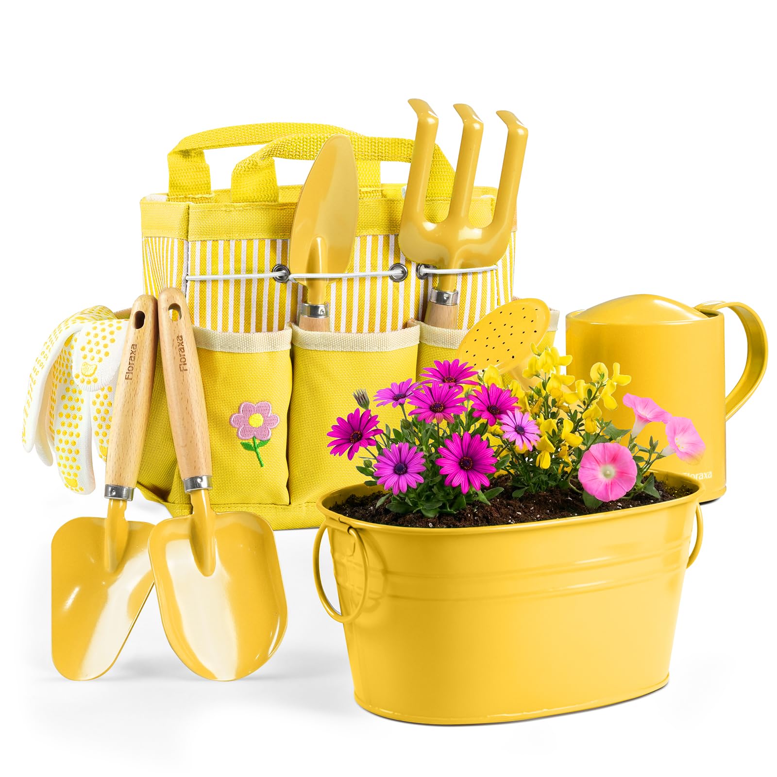 8-teiliges Garten-Set für Kinder mit Metallkorb – STEM-Outdoor-Set, ergonomische Holzgriffe, 3 Schaufeln, Rechen, Gießkanne, Handschuhe – Geschenk für Kleinkinder (Jungen & Mädchen), Gelb