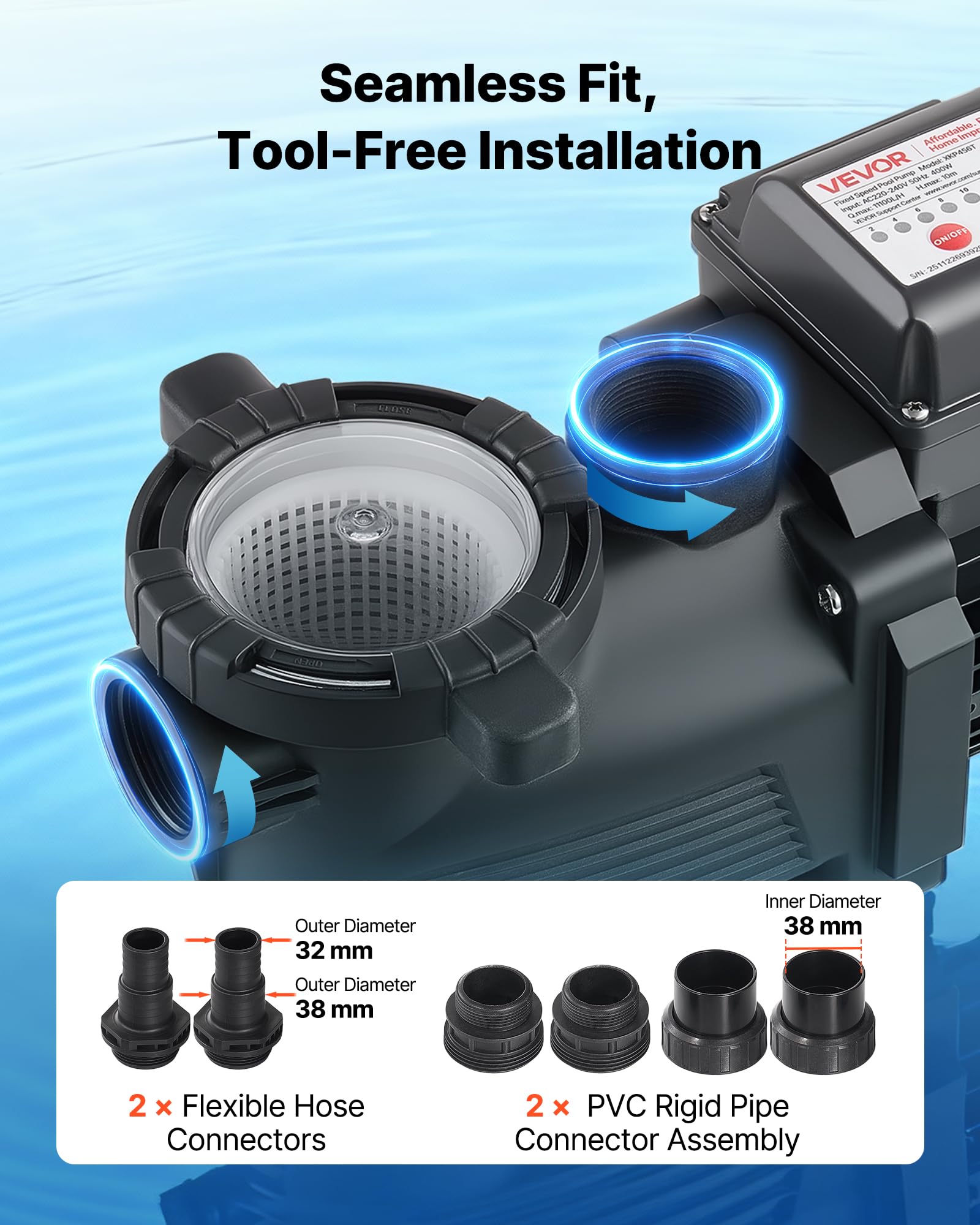 VEVOR Bomba para Piscina 400 W Caudal Máximo de 11100 L/H Bomba de Filtración para Piscina de Una Sola Velocidad, CA 220-240 V, Altura de Elevación Máxima de 10 m, con Temporizador de 24 Horas