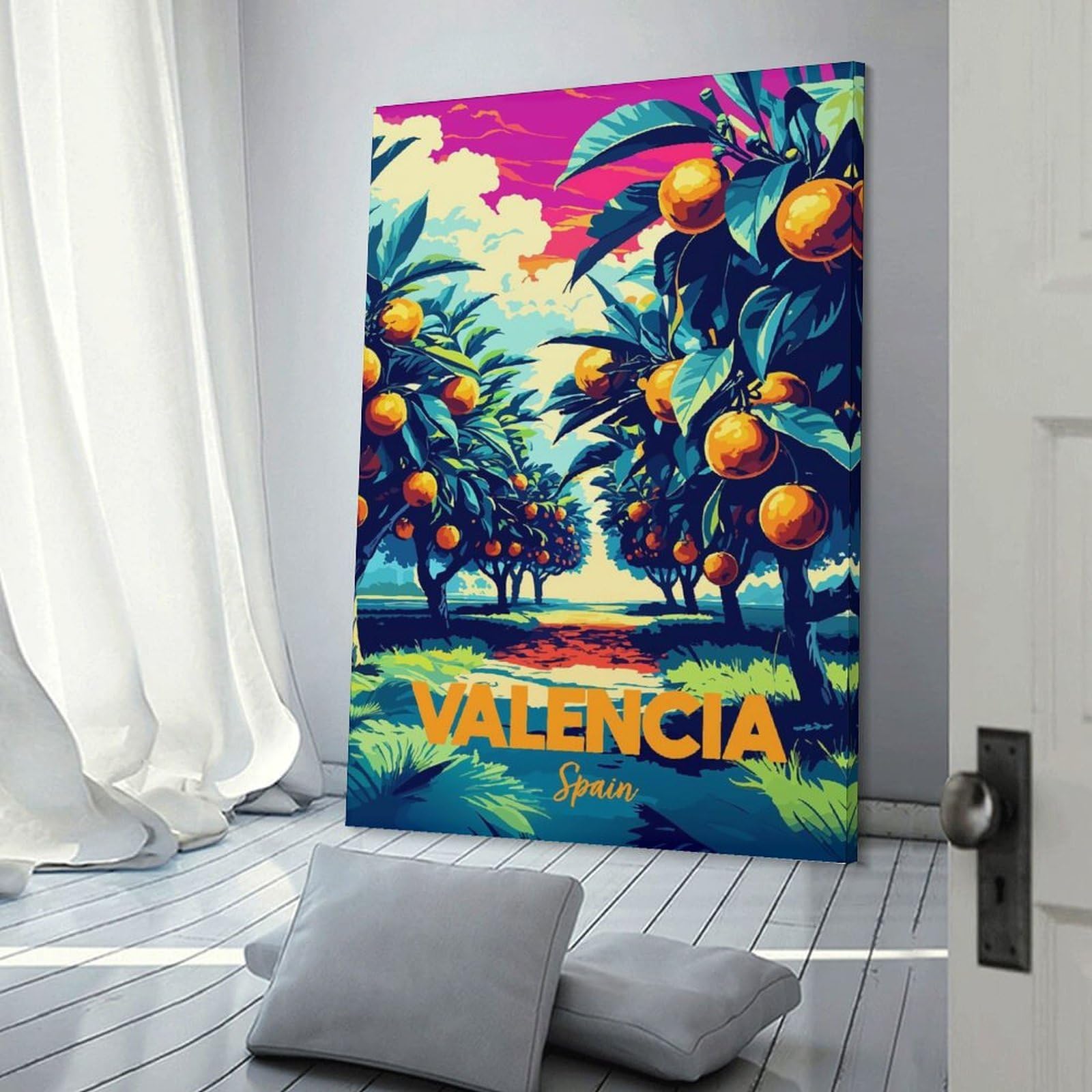 Junmoney Valencia Spain Orange Grove Art Wall Art Print, 24x36inch(60x90cm), for Wall Displays, Bedrooms Or Room Updates, A Versatile Canvas Print for Layering