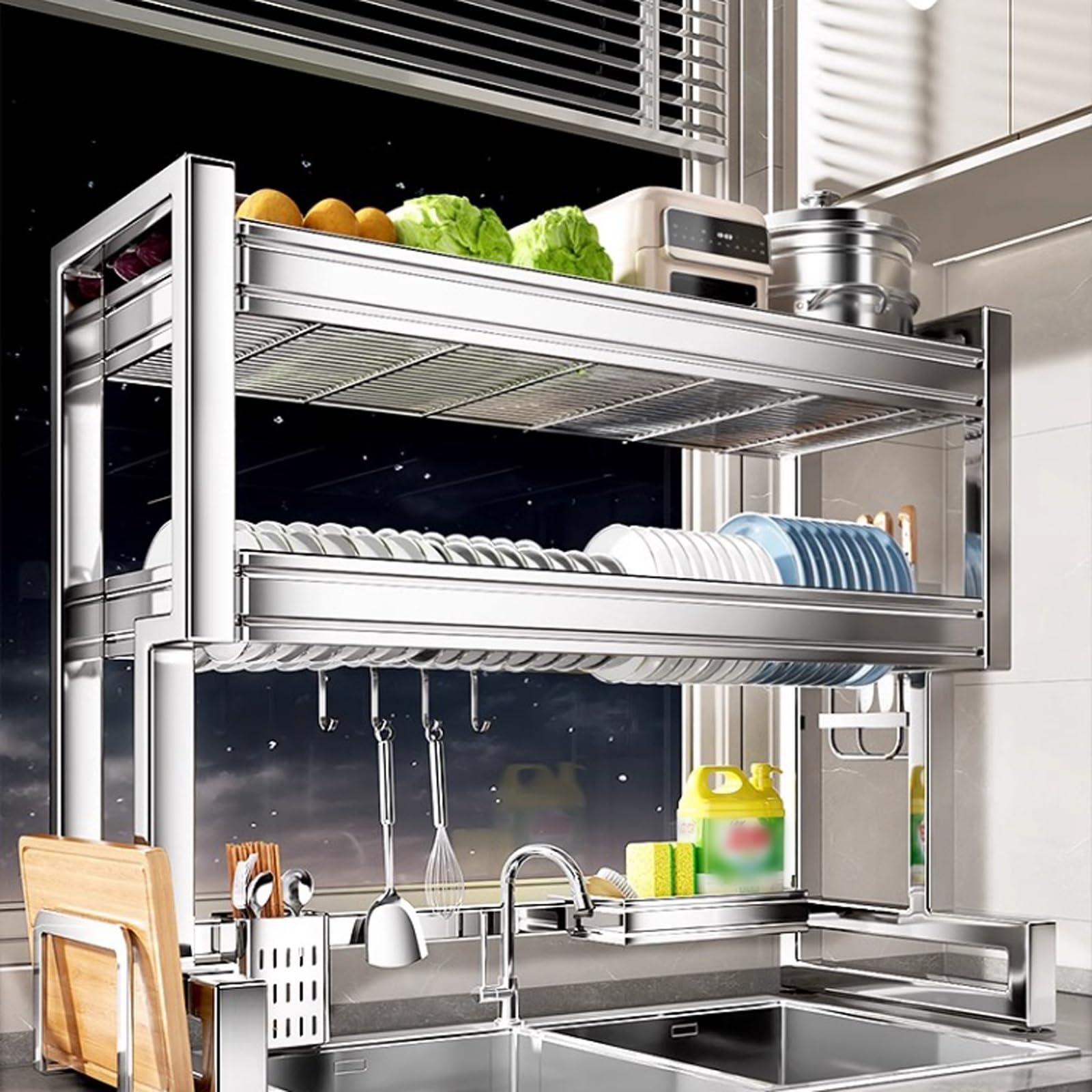 Over The Sink Dish Drainer Drying Rack, 2 Tier Multifunctional Stainless Steel Sink Shelf, Space-Saving Kitchen Storage Rack, Standing Counter Shelf(56cm/22in)