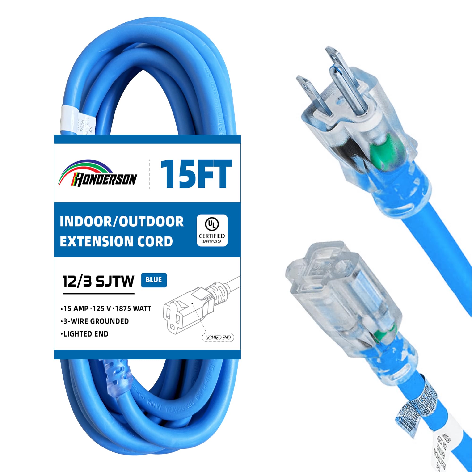 Cable de extensión para exteriores con iluminación de 15 pies, calibre 12/3 - Cable de extensión SJTW de 3 puntas resistente azul con enchufe de 3 puntas para mayor seguridad, listado UL