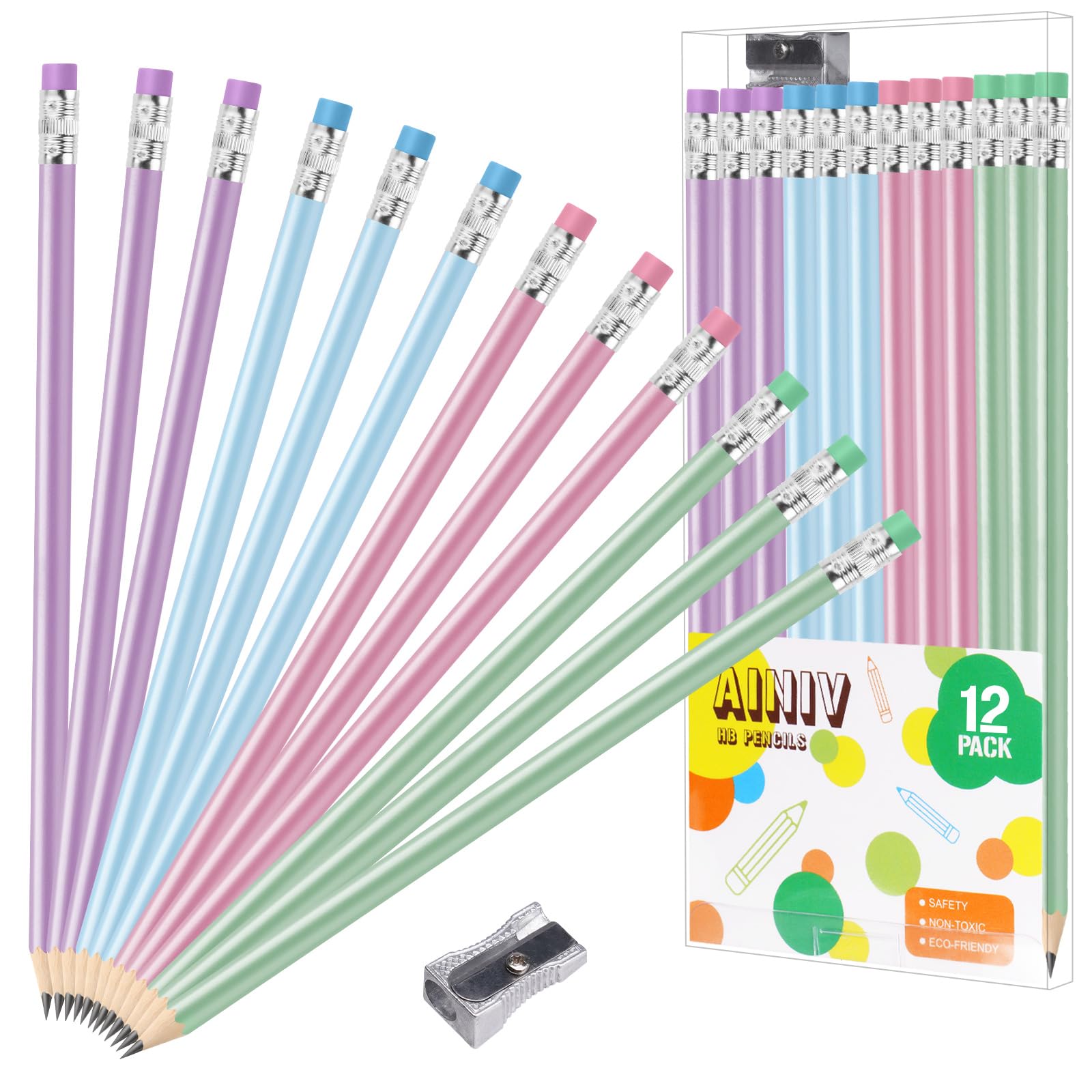 Ainiv Lápices #2 HB, Lápices Número 2 con Borrador, 12 Macarrones Lápices Preafilados, Bonitos Lápices de Grafito, Lápices de Madera, Lápices de Regalo para Niños, Adultos, Escuela, Regalos de Fiesta