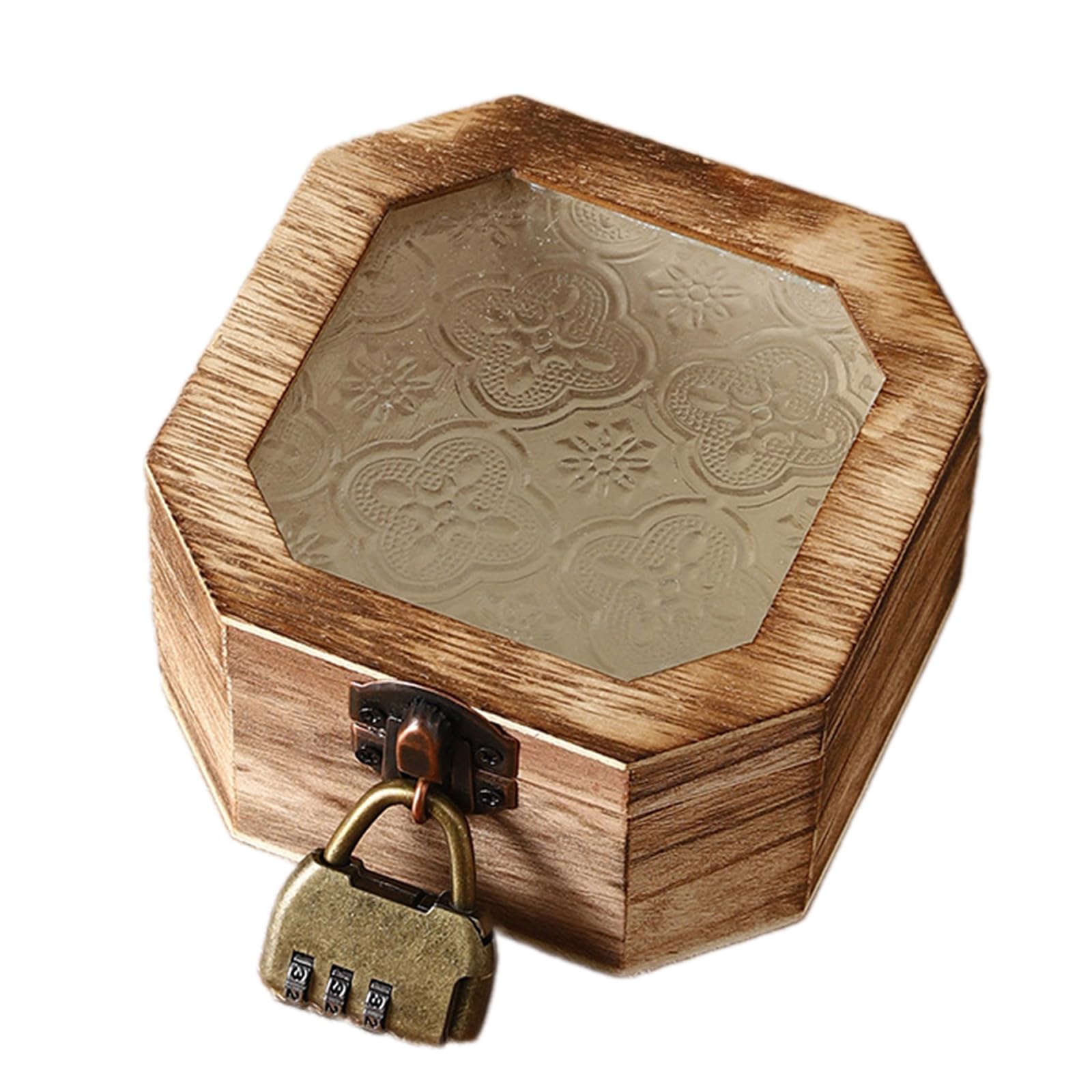 Woedpez Begonia Pattern Jewelry Organiser with Glass Lid and Wooden Frame Storage Box for Vanity Table Decoration Spacious Jewelry Display Box