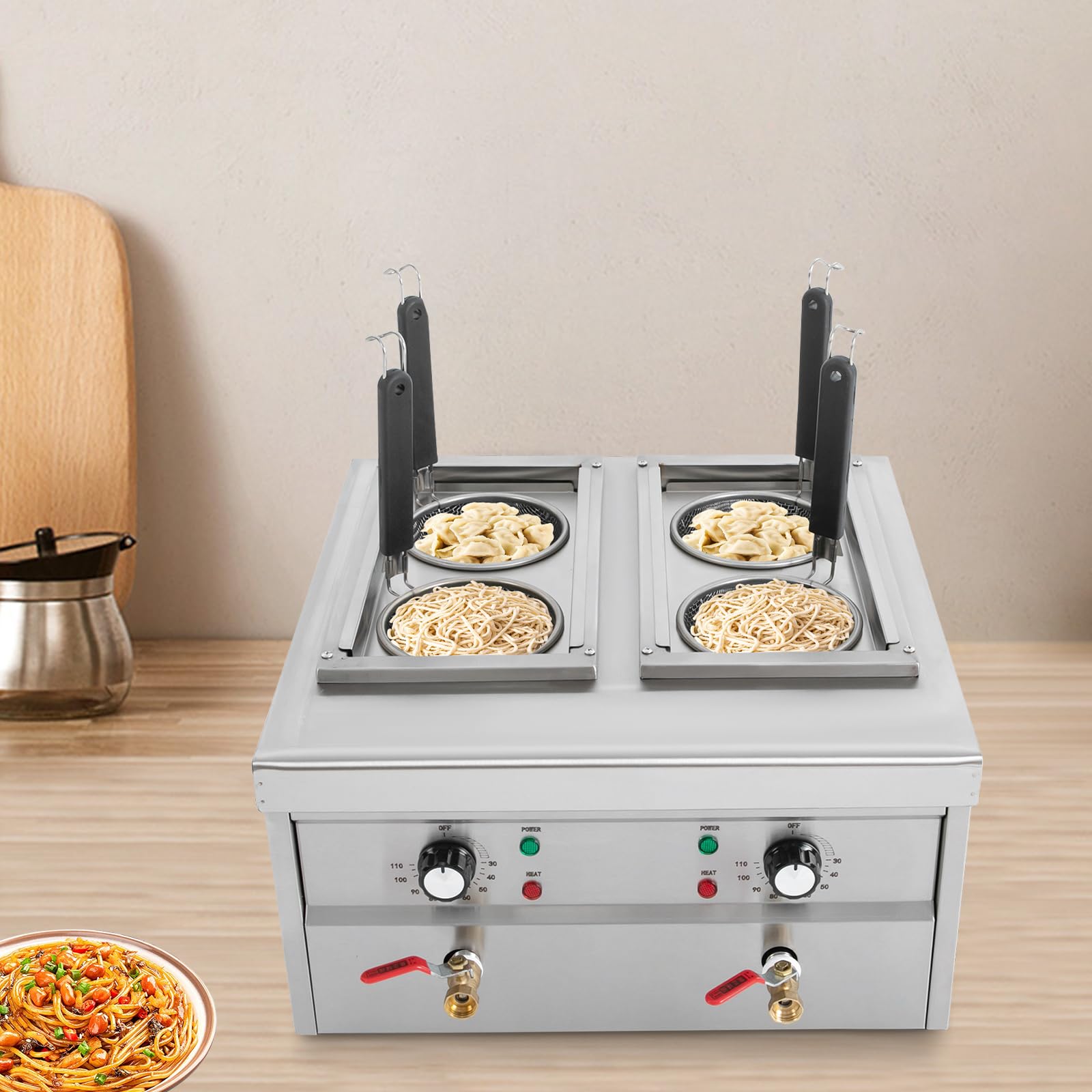 Fornello elettrico professionale in acciaio inox, 220 V, 2 x 2 KW, con 4 cestelli e luci di controllo, temperatura regolabile, per pasta, verdure cotte, pasta di riso e gnocchi