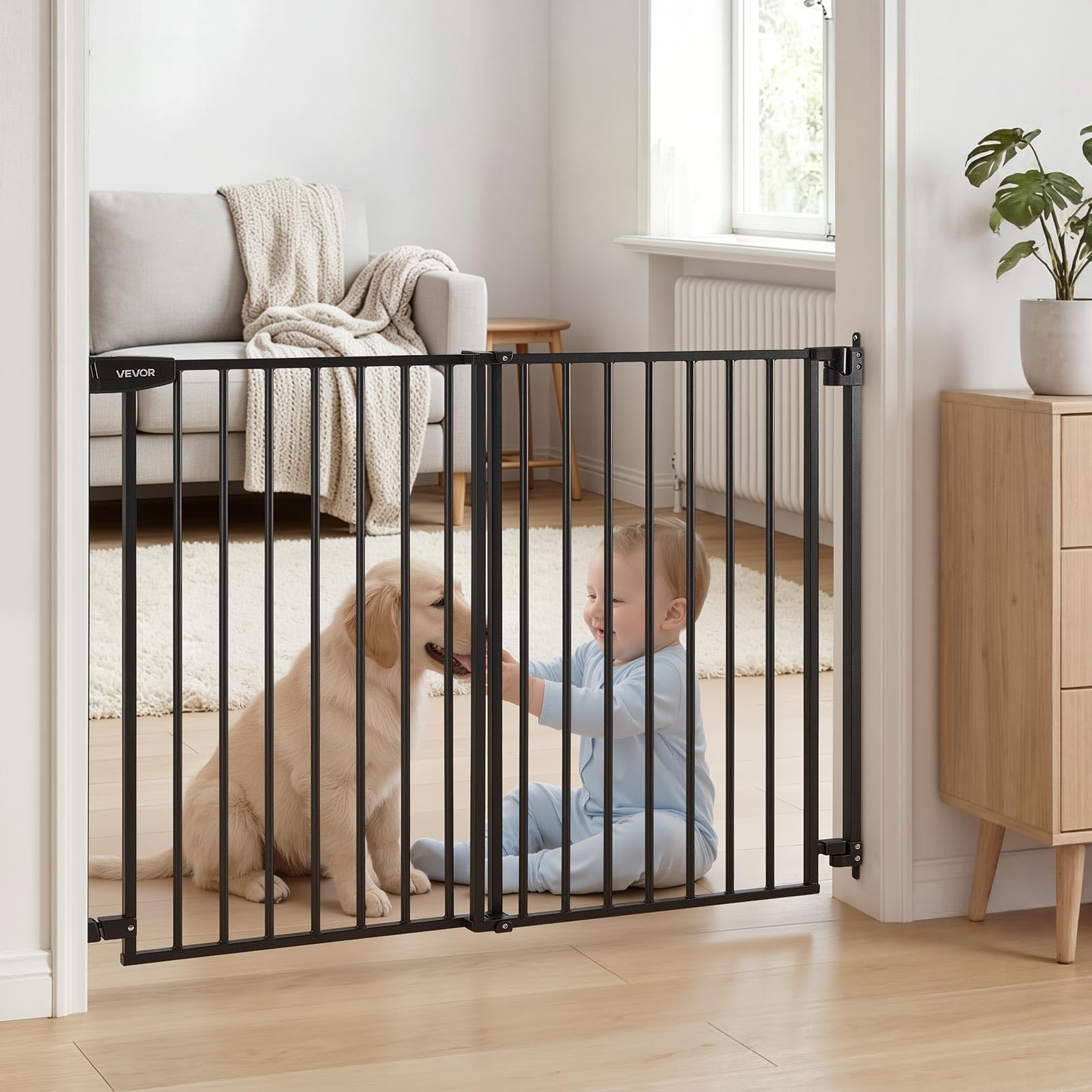 VEVOR Barrera de Seguridad para Niños, Alto de 920 mm, Ancho Ajustable de 778-1210 mm, Valla de Seguridad para Perros y Gatos, con Kit de Accesorios de Montaje, para Escaleras Puertas Hogar, Negro