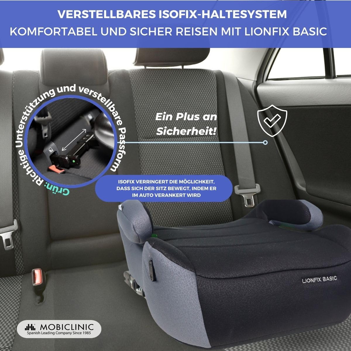 Mobiclinic®, Kindersitzerhöhung, ISOFIX Verstellbar, I-Size ECE R129, Herausnehmbarer Flaschenhalter, 125–150 cm, Abnehmbarer und Waschbarer Bezug, 22–36 kg, Gepolsterte Armlehnen, Lionfix Basic