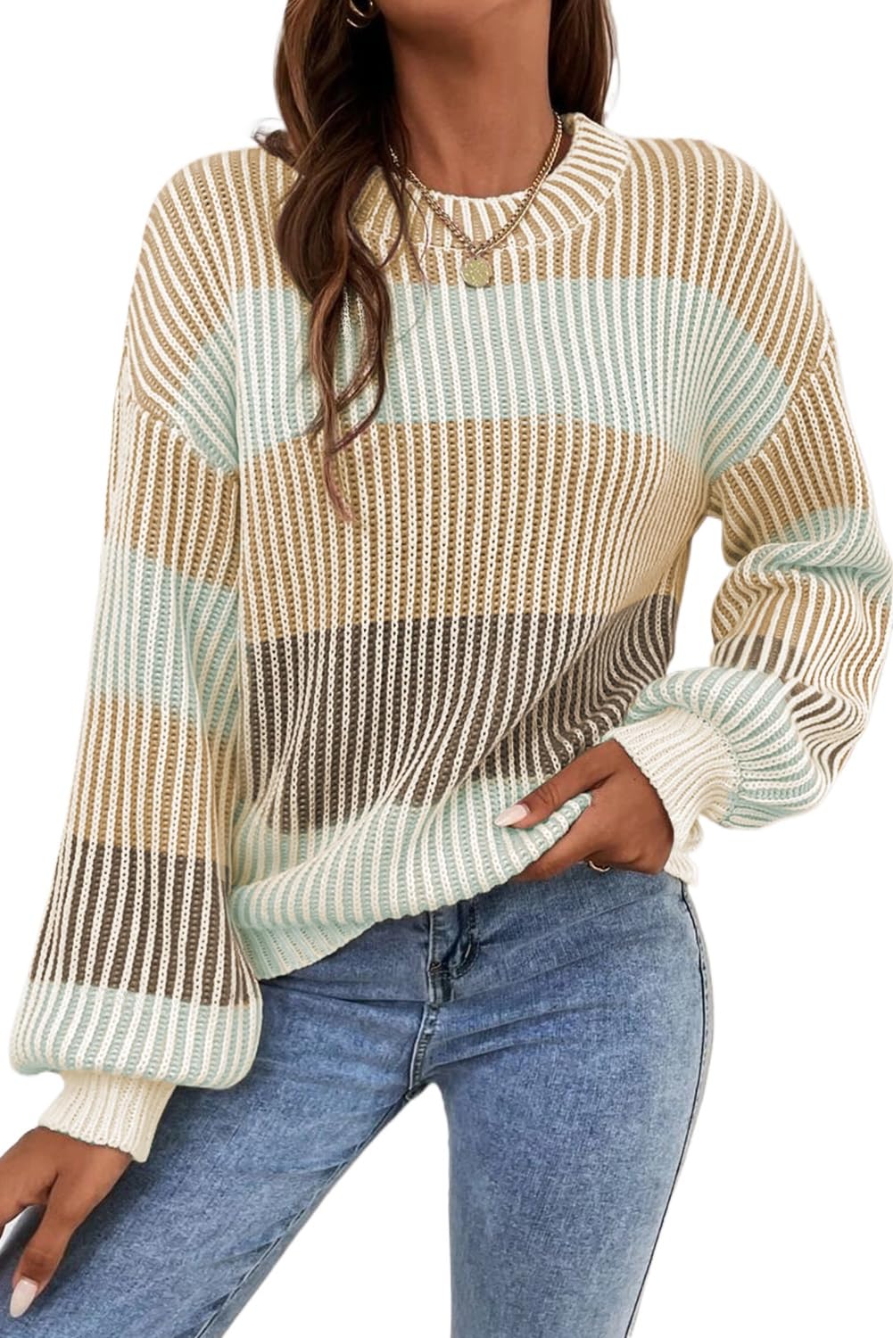 Womens Cozy Brown Colorblock Textured Knit Bubble Sleeve Sweater