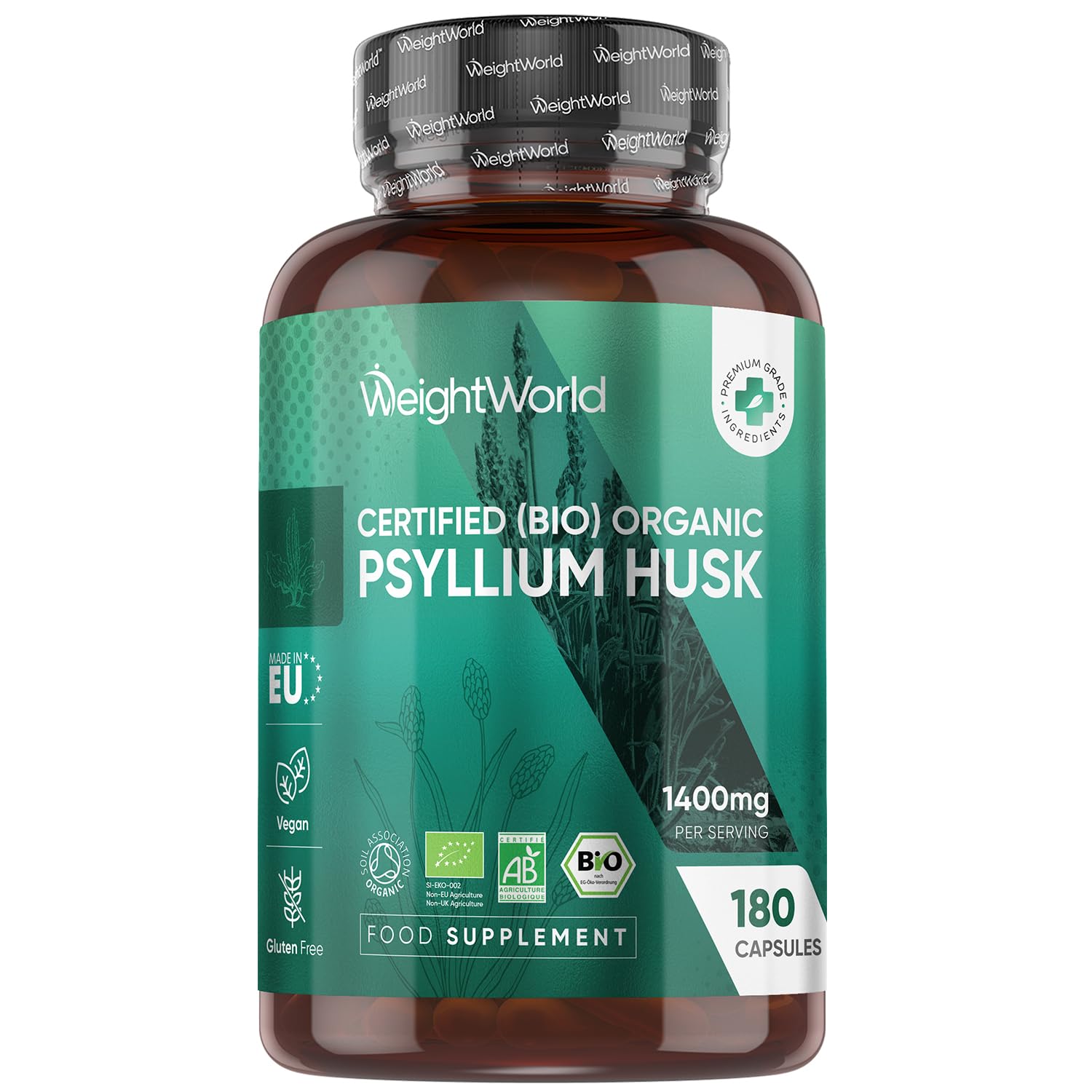 Organic Psyllium Husk Capsules | 1400mg per Serving | 180 Capsules | 3 Months Supply | Prebiotic Fibre Supplement | Soil Association Certified Organic Psyllium Husk Powder Supplement