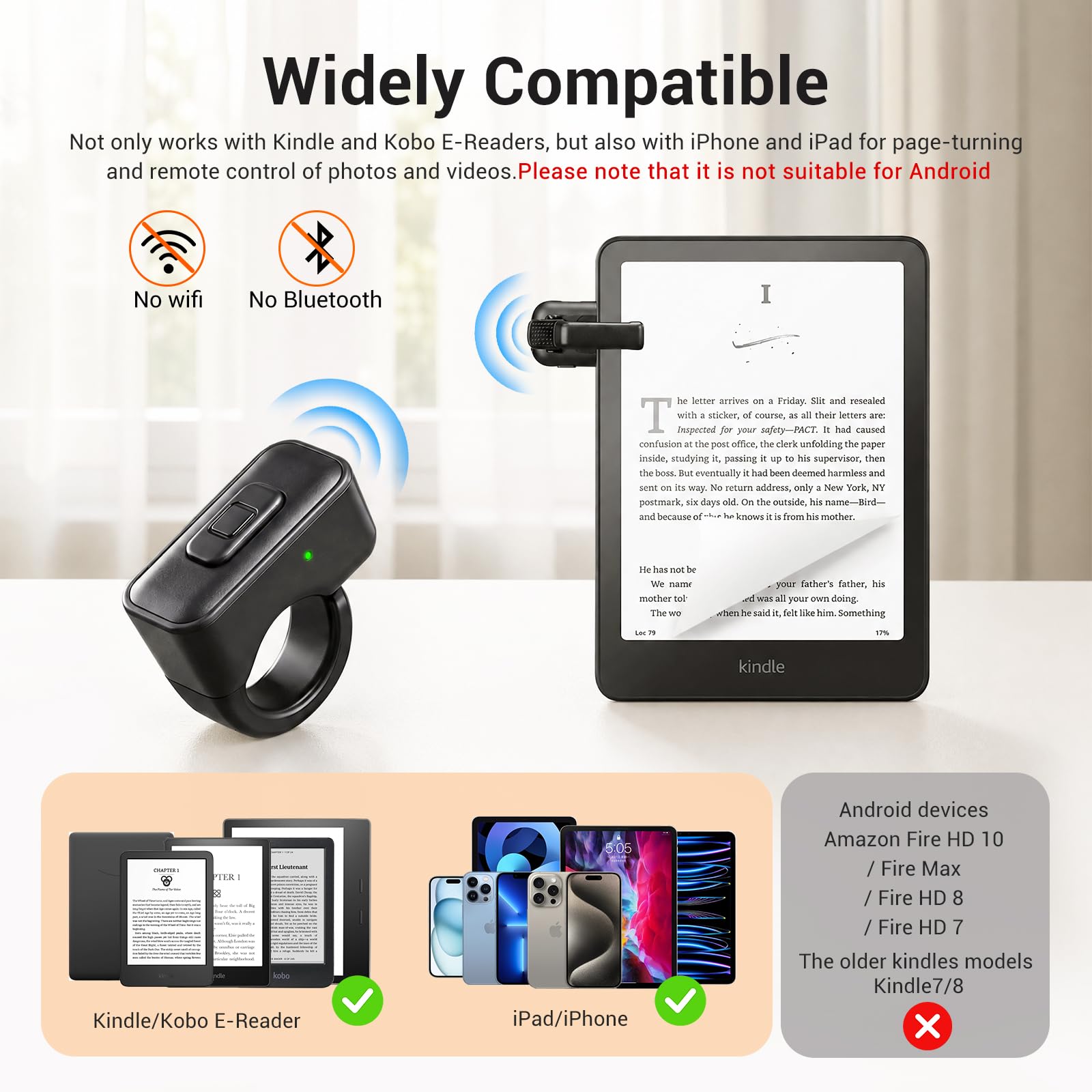 CoBak Page Turner Ring für iPhone, Kindle, Remote Page Turner für iPad & Tablets, Kobo & E-Readers, Kabelloser Fernauslöser für Fotos & Videos, mit Aufbewahrungstasche
