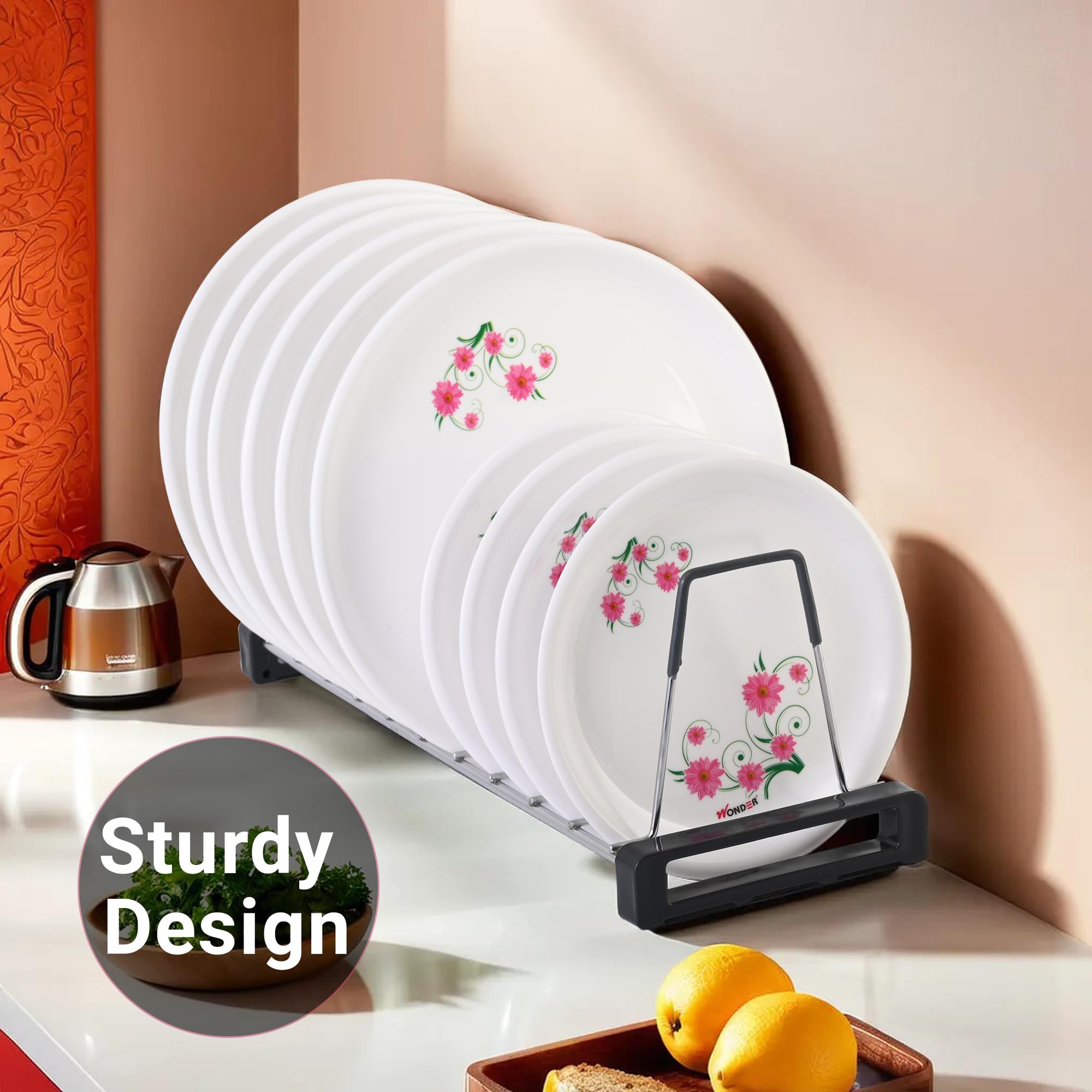 Kuber Industries Zestaw 2 stojaków na talerze ze stali nierdzewnej do kuchni, 50 cm, organizer na naczynia z gumowym uchwytem, 10 sekcji, srebrny i szary
