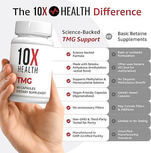 Miniatura 4 de 10X Health TMG Supplements - Suplemento de trimetilglicina para apoyo hepático, bienestar cardíaco, energía, niveles de homocisteína, cápsulas TMG