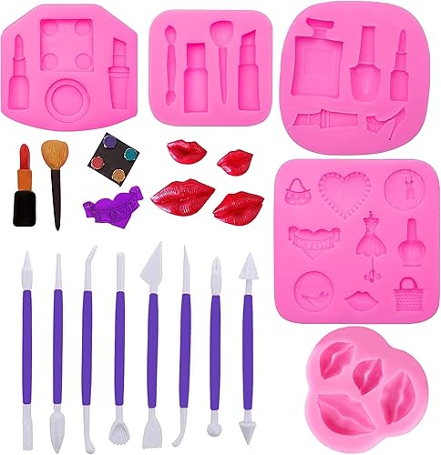 Miniatura 1 de Woohome 14 moldes de silicona con temática de maquillaje, 5 moldes de lápiz labial para fondant para dulces, moldes 3D para pastel de fondant para