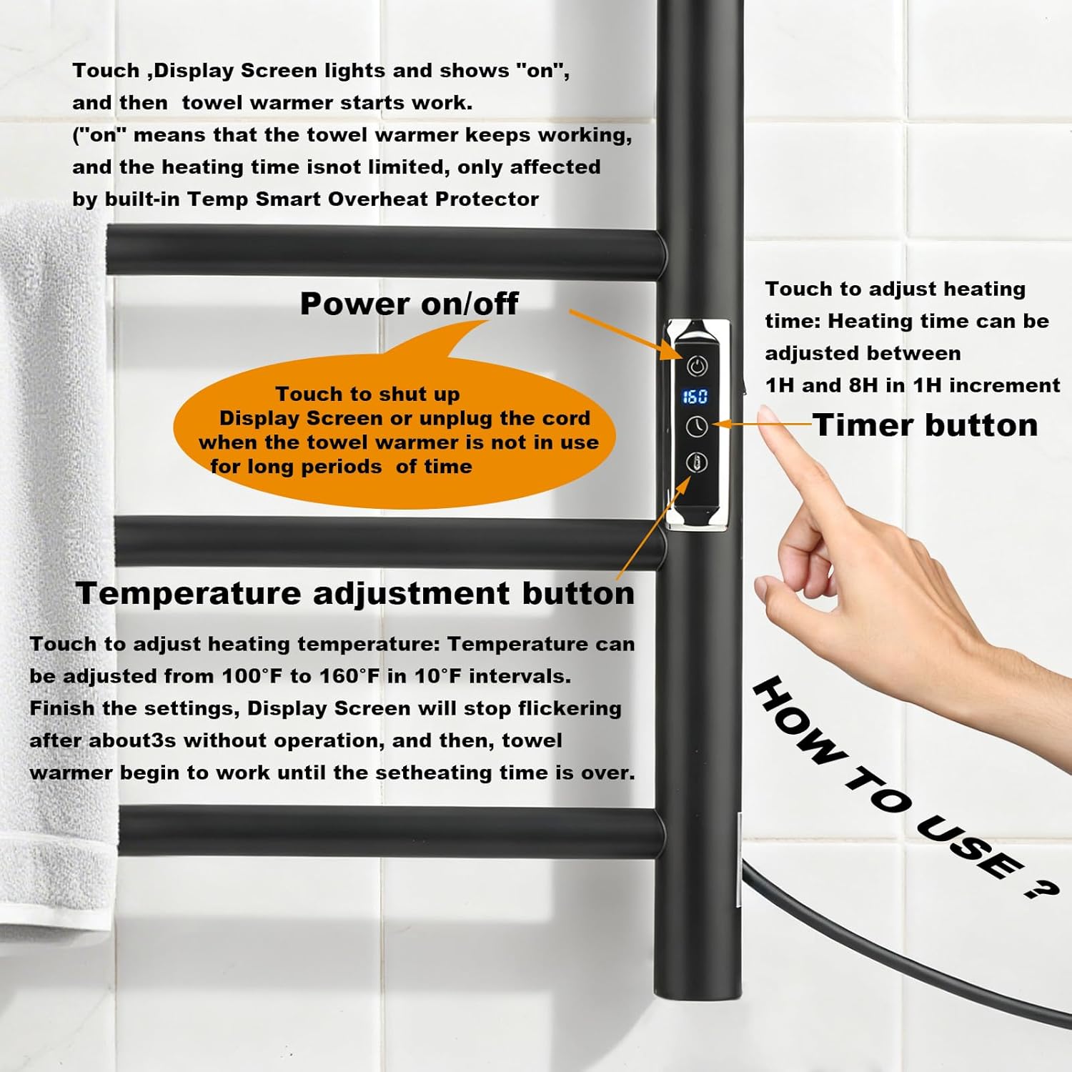 (1 Pack) Electric Towel Warmer with Built-in Timer - Wall Mounted Bathroom Heated Towel Rack, Plug-in Design Black