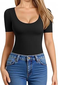 MANGOPOP Women's Scoop Neck Slim Fit Short Sleeve Double