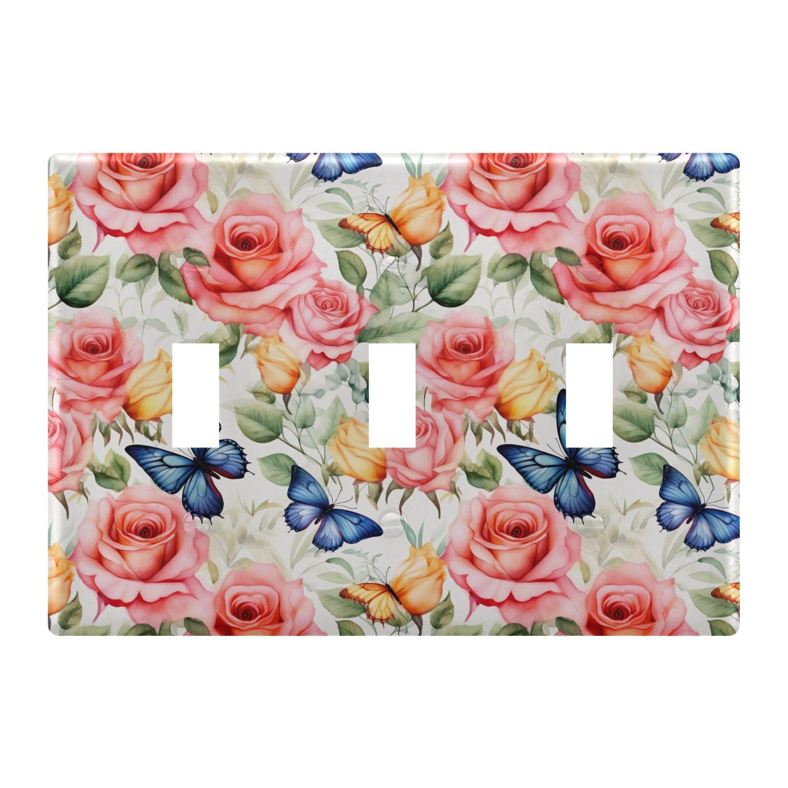 Light Switch Cover Butterfly Rose Floewr Spring Wall Plates for Electrical Outlets 3 Gang 202b3372