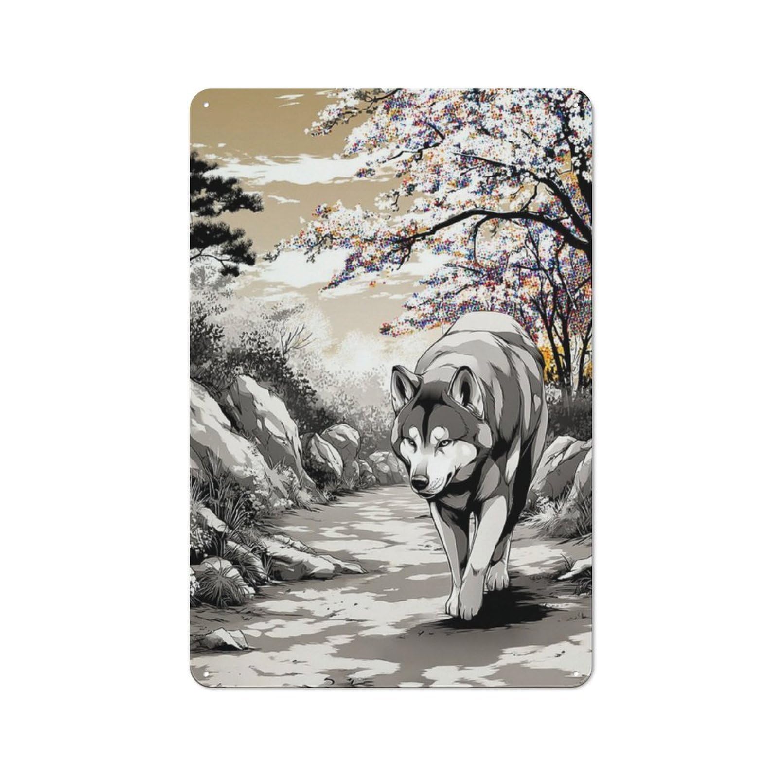 Junmoney Wolf In A Colorful Forest Tin Wall Plaque 30X20cm With For Dining Room Or Kitchen, For Collectors Decorating Kitchens And Dining Spaces