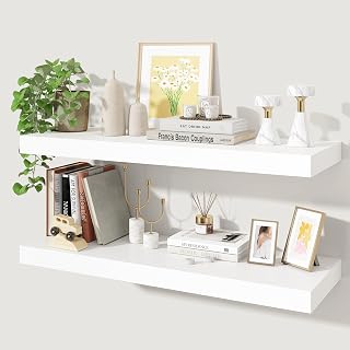 Axeman 32Inch Floating Shelves for Wall, 2 Pack Shelves for Bedroom, Bathroom, Kitchen, Hanging Wall Mounted Rustic Wood Shelf with Invisible Brackets for Books Decor, White