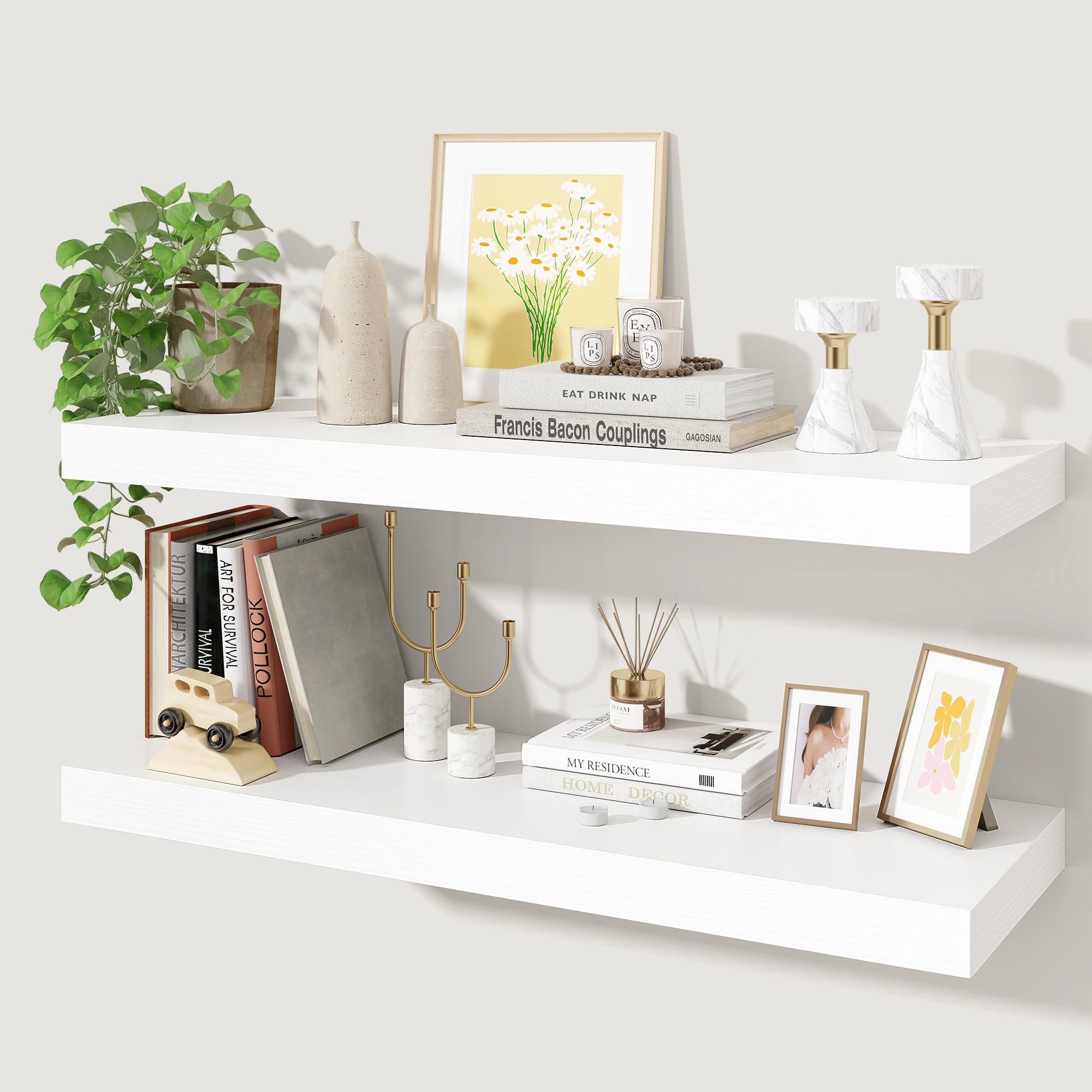 Axeman 80cm Floating Shelves for Wall 2 Pack Shelves for Bedroom|Kitchen|Bathroom Wall Mounted Rustic Wood Floating Shelf with Invisible Brackets for Books|Storage|Decor, White, 25cm Deep