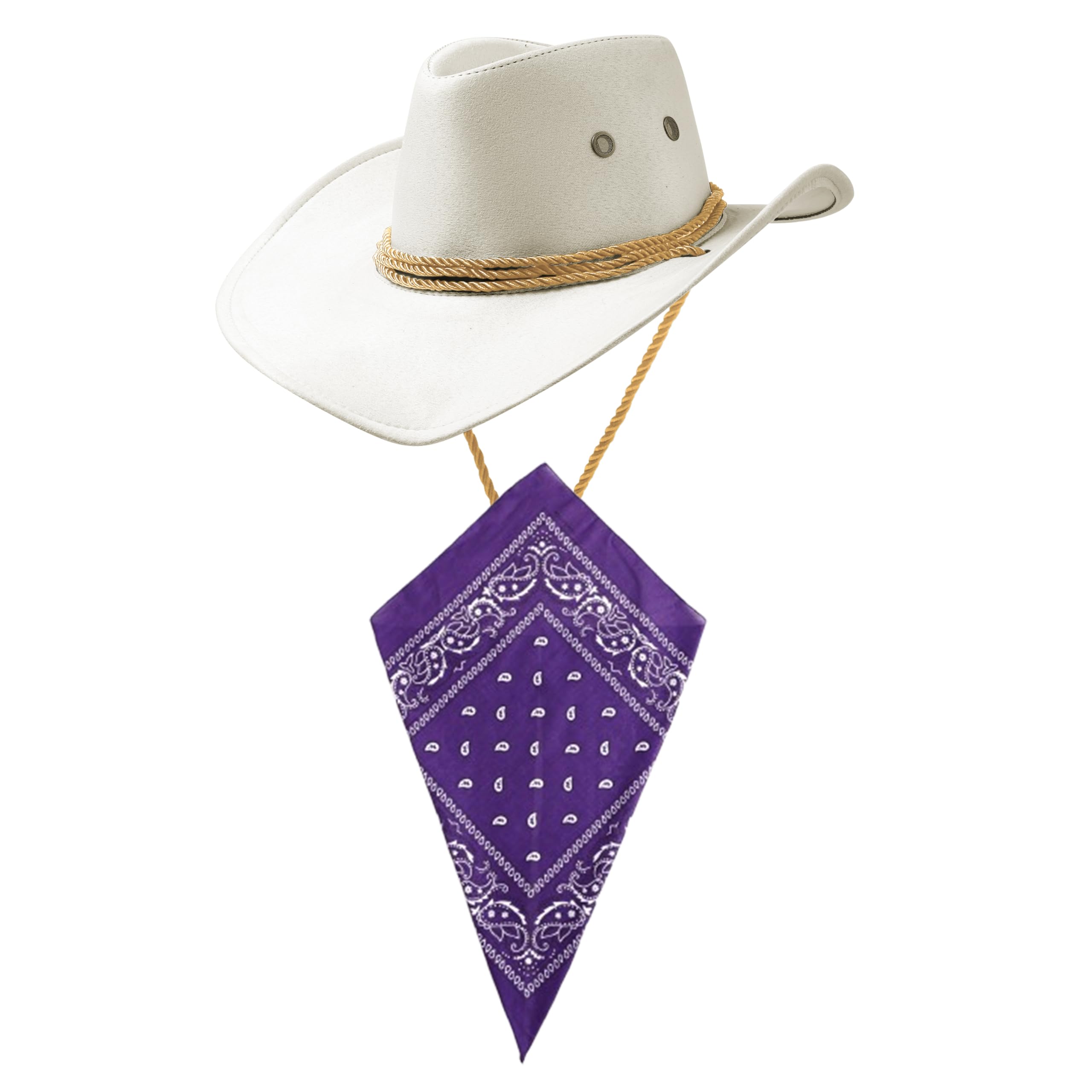 Komonee White Cowboy Hat and Purple Bandana Western Sun Cap Faux Felt Leather Suede Fancy Dress Party Costume Outfit Neckscarf Protection Mens Womens โ image 1