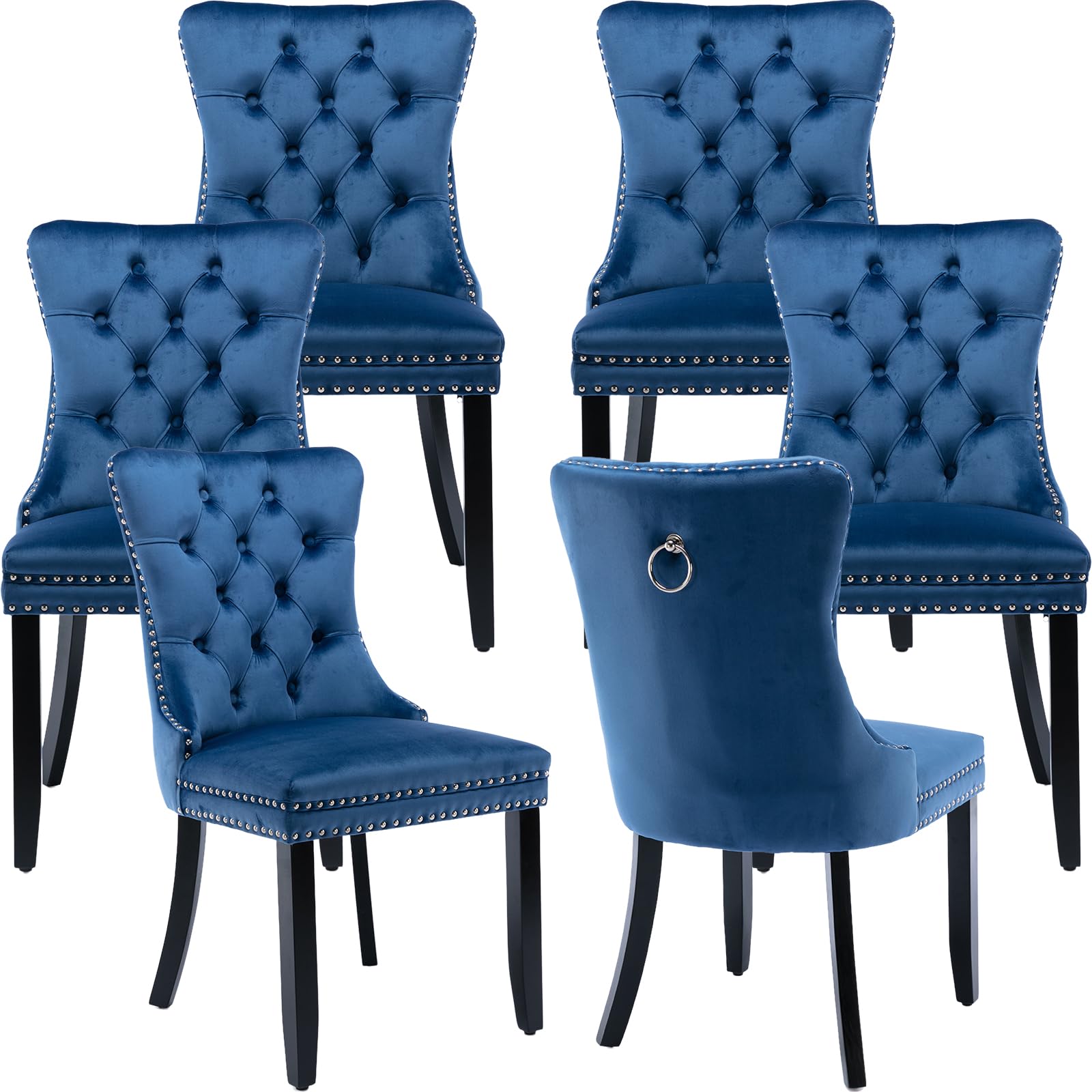ODUSE-DAILY Blue Velvet Dining Chairs - Set of 6, Tufted, Velvet Upholstered, Solid Wood Frame (Blue, 6 Pcs)