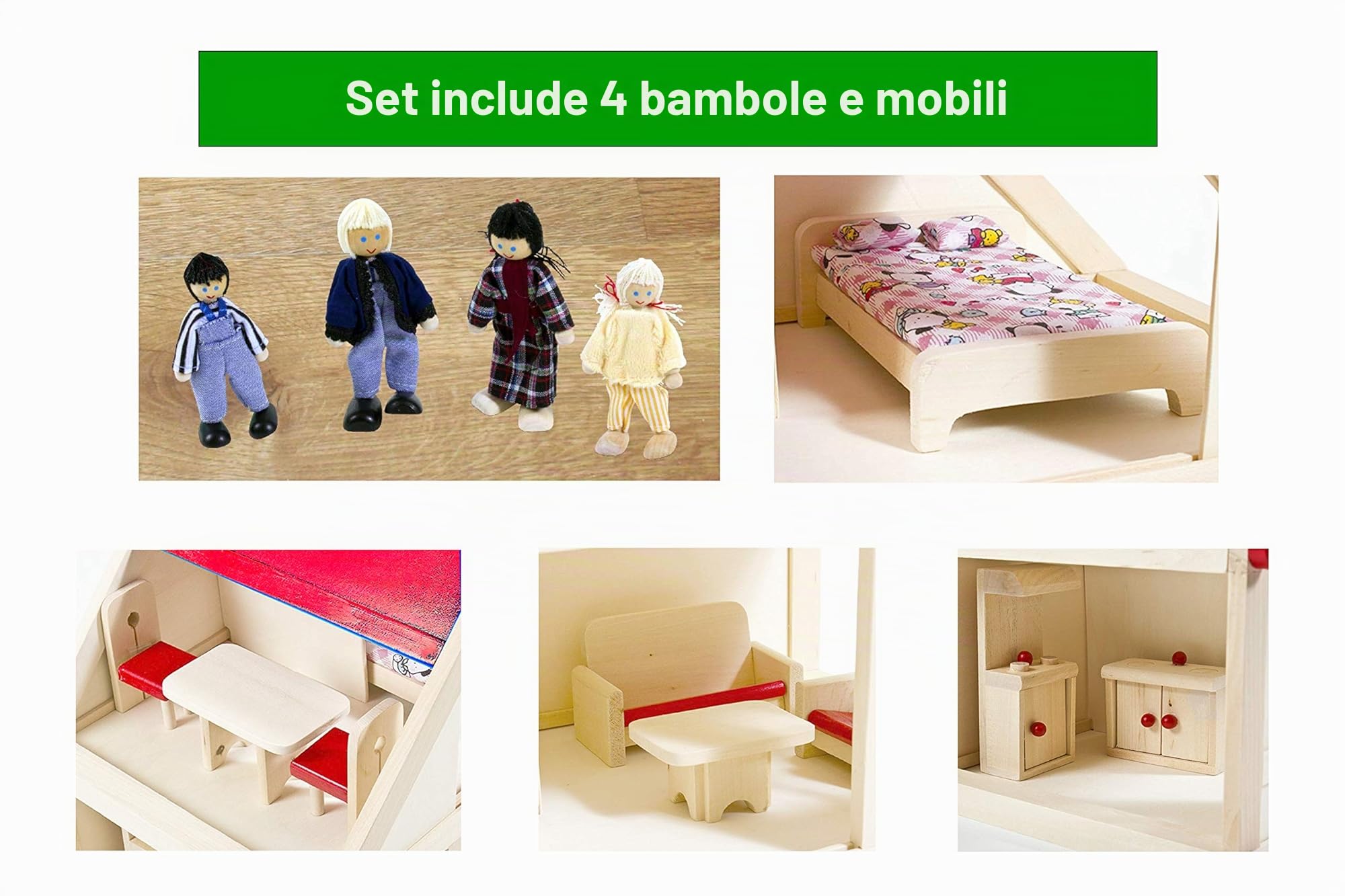 Izzy Casa delle bambole in legno con 2 piani, 4 bambole e 9 mobili | Maniglia per il trasporto (casa delle bambole per bambini con 2 piani, mobili e accessori) - (38 x 27 x 39 cm)