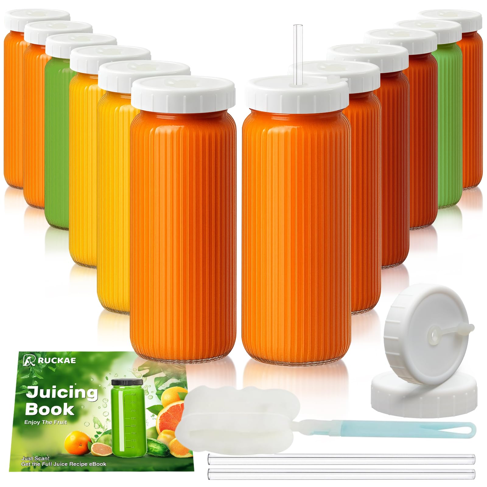 12pack Stripe 16oz Glass Juice Bottles with Lids &amp; Straws &amp; Juicing Recipe