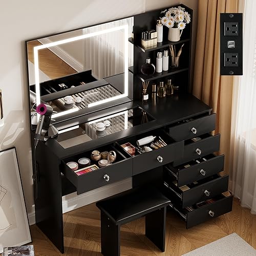 Miniatura 9 de VOWNER Tocador con espejo iluminado: escritorio de maquillaje con parte superior de vidrio y 7 cajones, 3 estantes de almacenamiento y