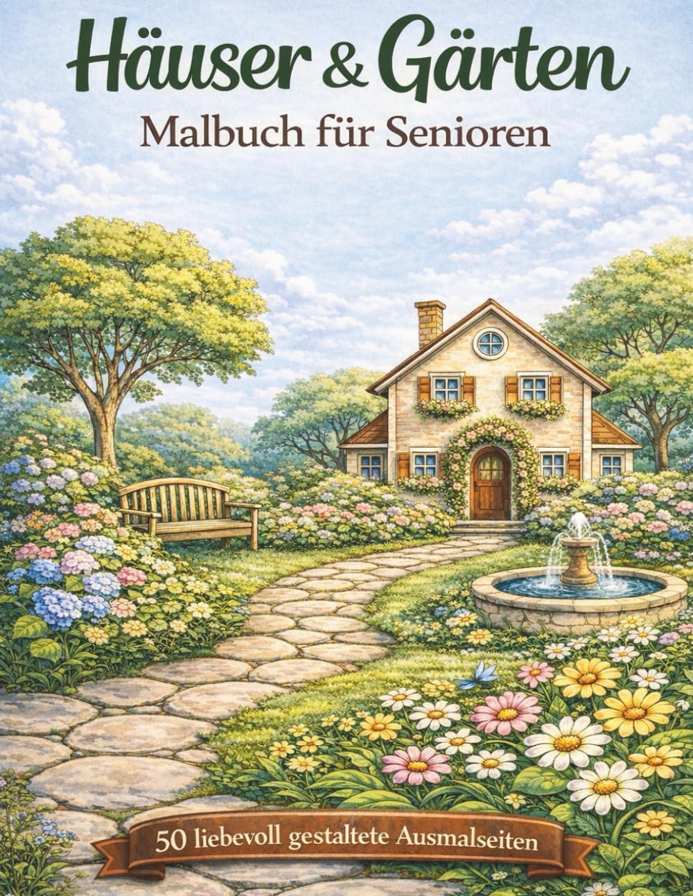 Häuser & Gärten - Malbuch für Senioren: 50 liebevoll gestaltete Ausmalseiten für Entspannung und kreative Momente