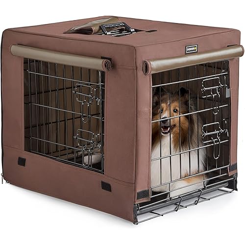 DONORO Dog Crates for Medium Large Size Dogs Indoor Double Door Dog Kennels & Houses for Puppy and Cats, Collapsible Metal Contour Dog Cages (Brown, 36.0" L x 23.0" W x 25.0" H)