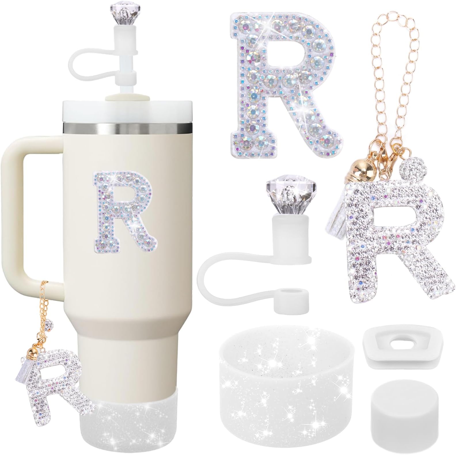 Mity rain Accessories Set for Stanley Cup, Initials Decorations for Tumbler Cup 30/40OZ, Including Diamond Straw Topper/Spill Proof Stopper/Sparkly Silicone Boot Set/Letter Charms for Handle A-Z (R)