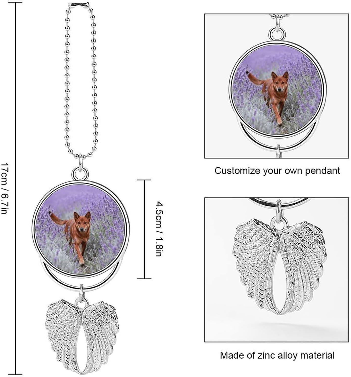 Dingo in Lavender Field Angel Car Rearview Mirror Charm Zinc Alloy Guardian Angel Pendant with Wings Rust-Proof Silver Auto Interior Accessories Universal Vehicle Decor for Women & Men Drive Safe Gift
