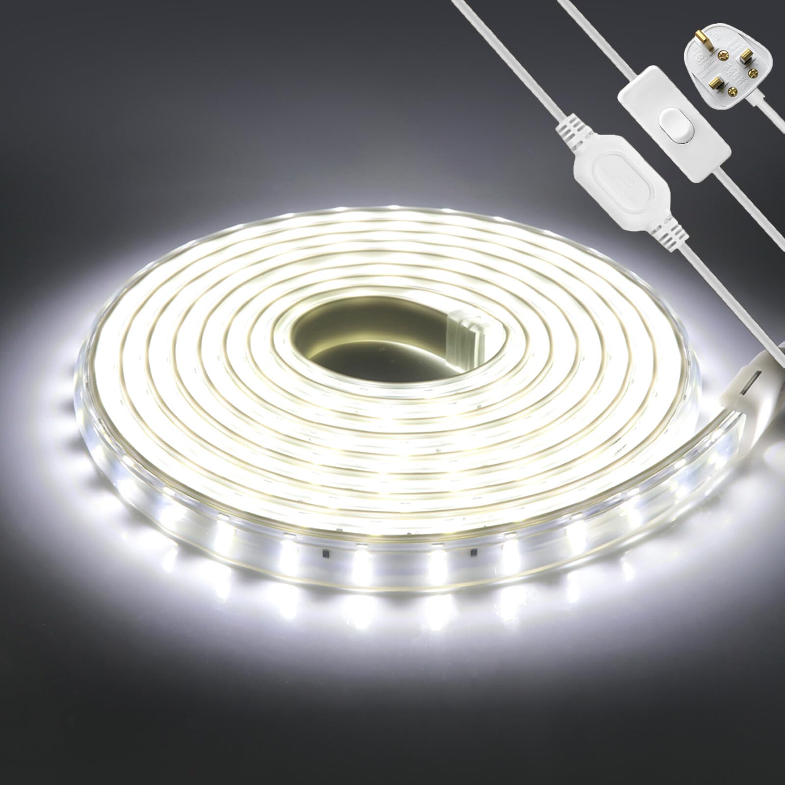 KAFULA 220V Double Row LED Light Strip with on/Off, IP65 Waterproof and Flexible, SMD 2835 LED Fairy Light CIR85+, can be Cut Every 20cm, Home Decoration | 120 LEDs/m | | 50M, White Light 6000K |